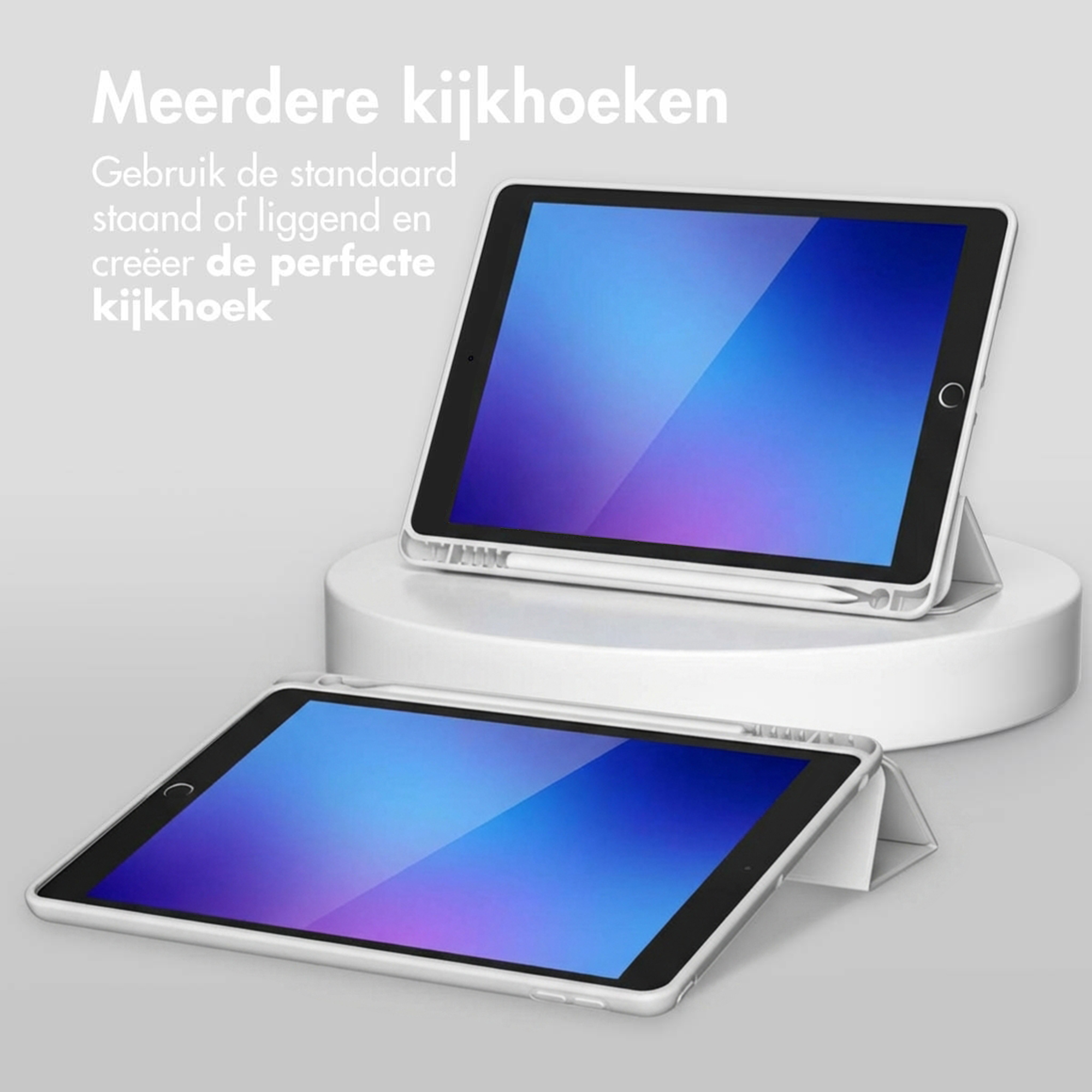 Two white tablets in white cases, one on a pedestal, both showing blue screens.