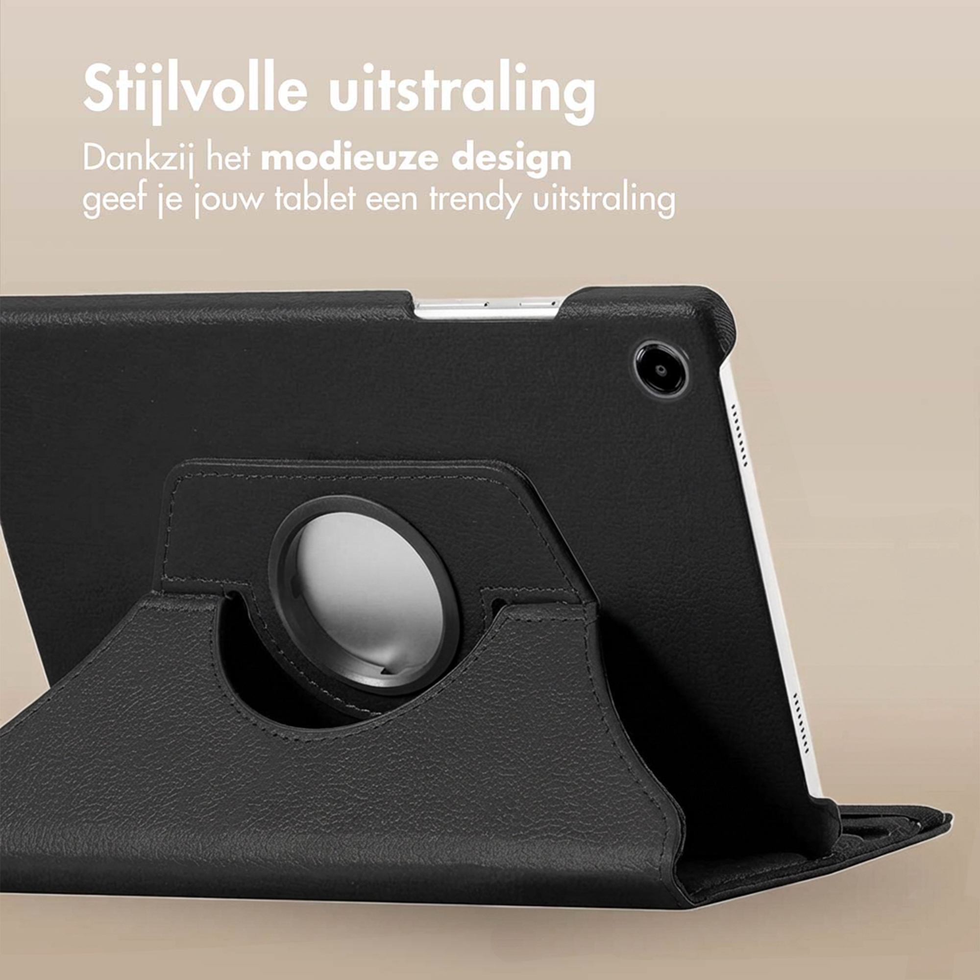 Étui noir pour tablette avec support et molette pivotante argentée.
