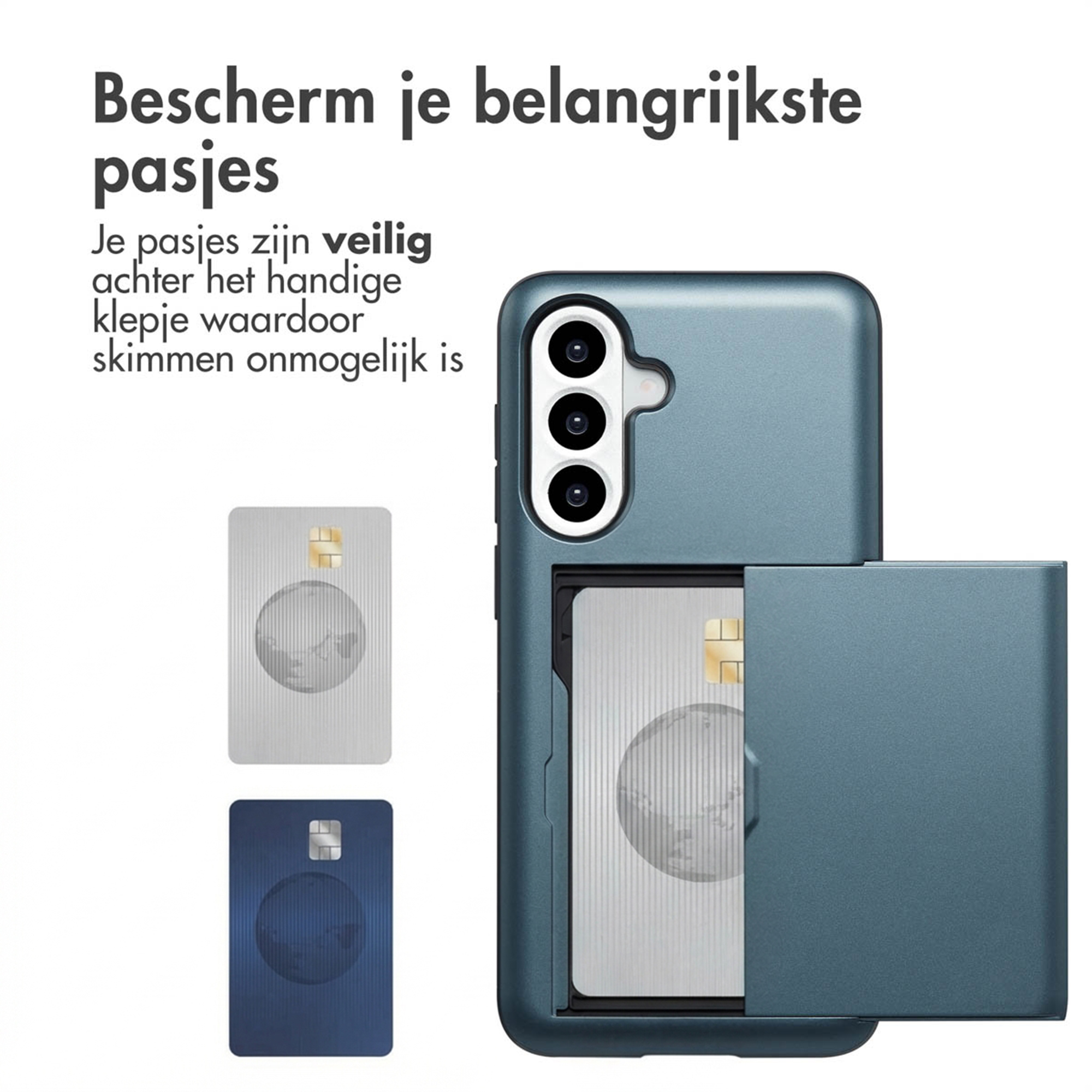 Blue phone case with a card slot and two cards.