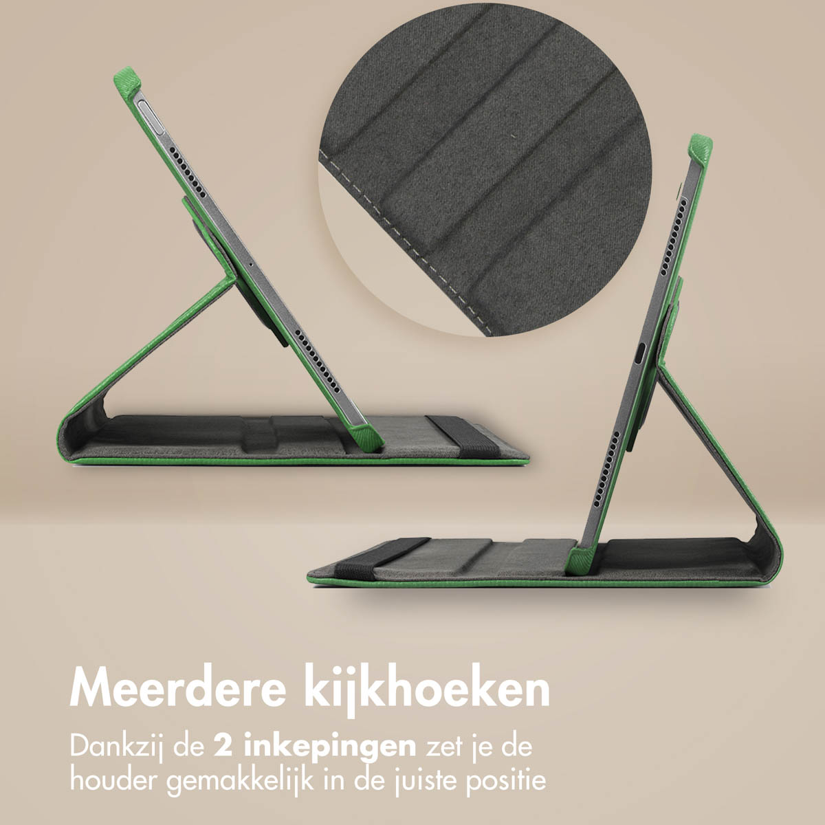 Green tablet case shown from multiple angles with grooves for easy stand positioning.