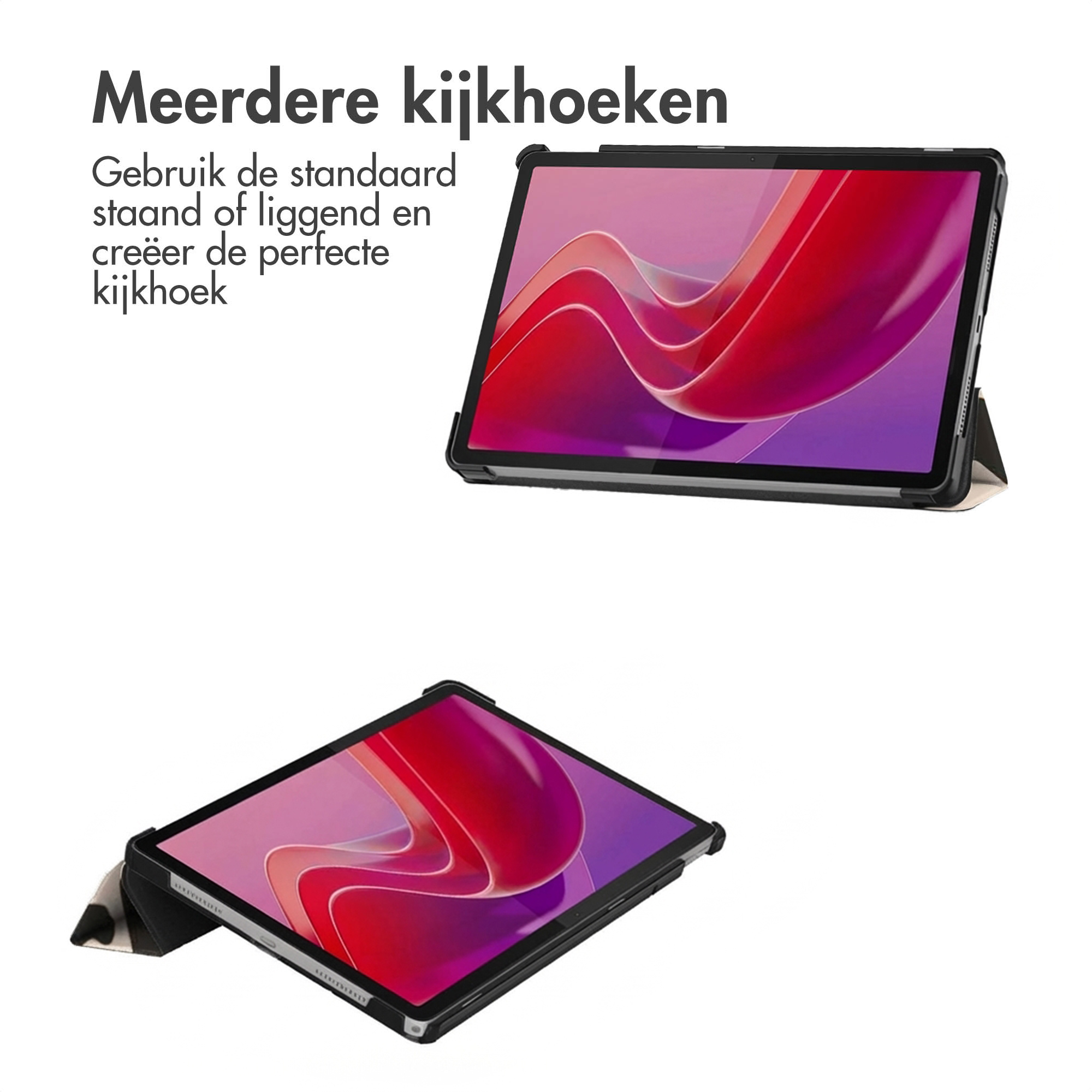 Two tablets with red and purple backgrounds, one upright, one lying down.