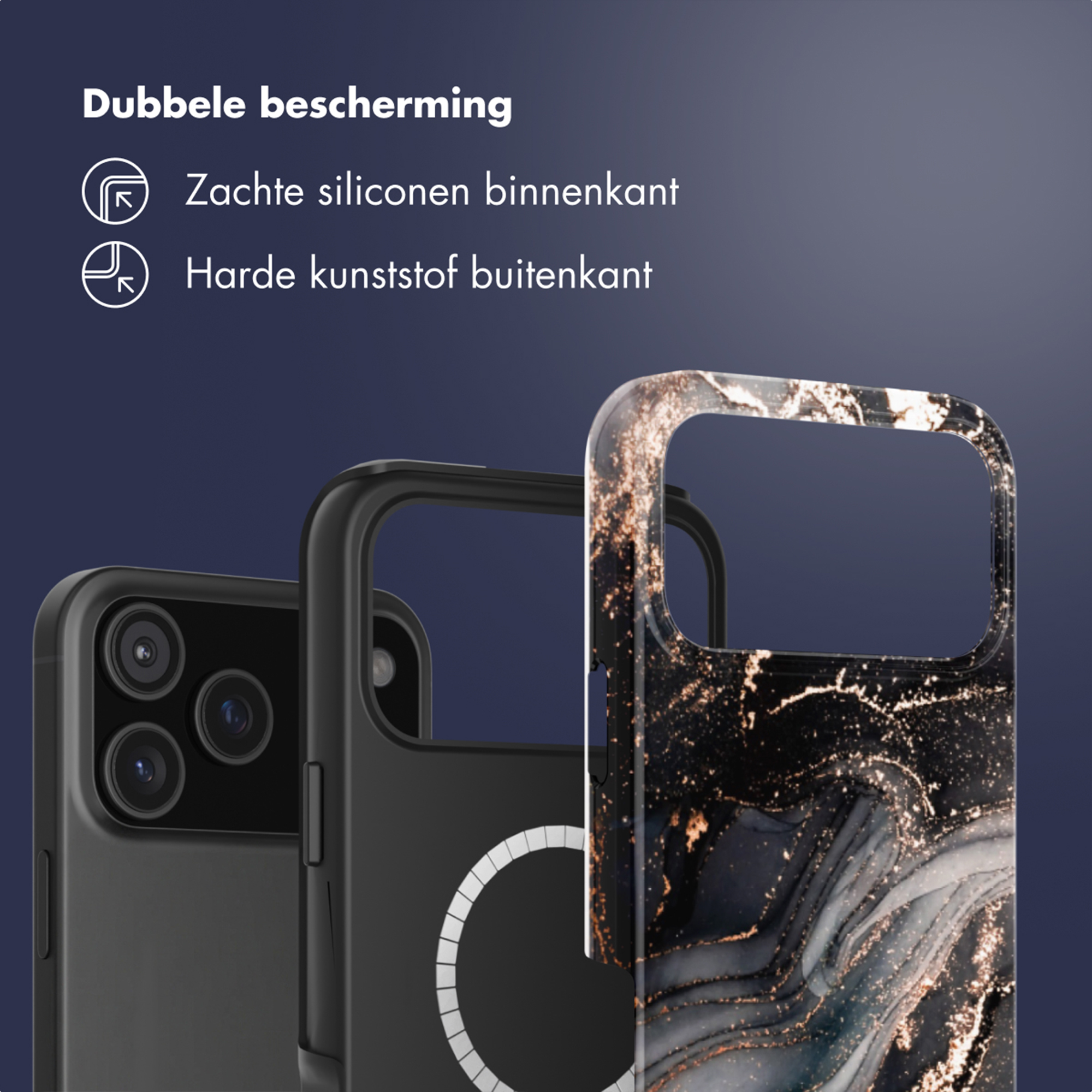 Twee telefoonhoesjes: één zwart, één met marmerpatroon.
