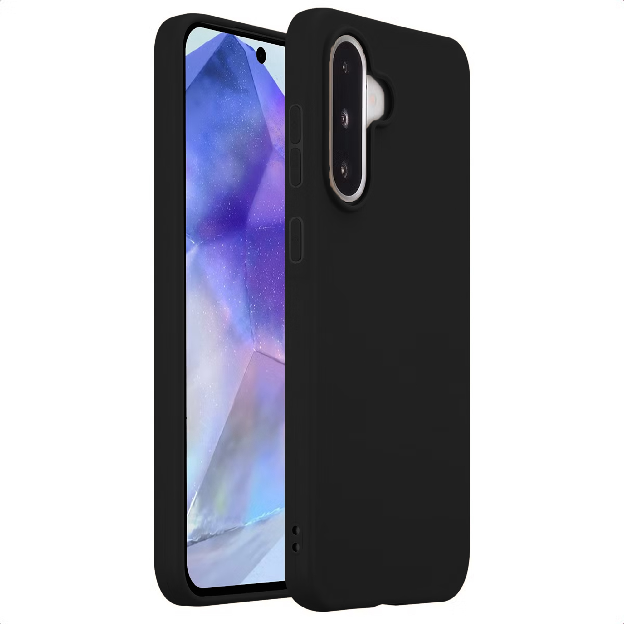 Coque de téléphone noire avec un smartphone affichant un fond violet. Objectif de caméra visible.