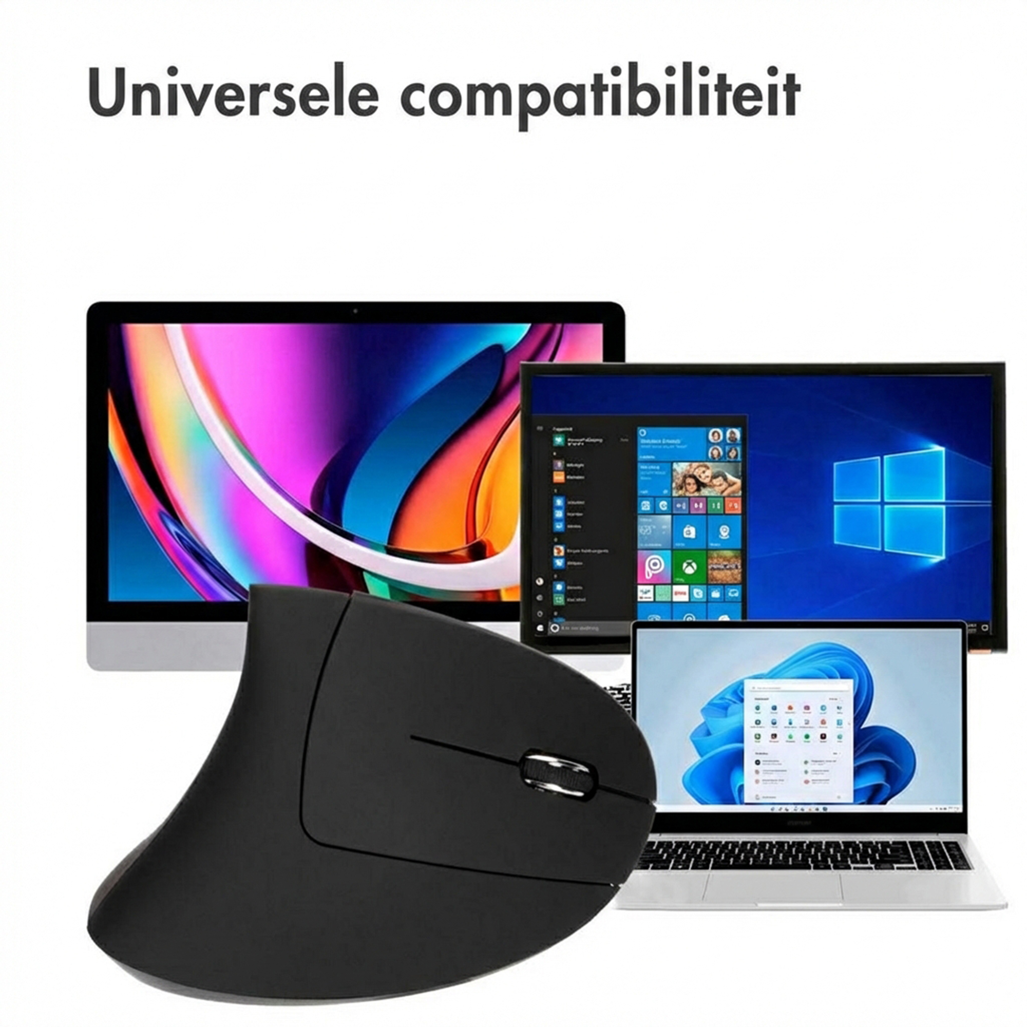 Ergonomic mouse in front of three computer monitors and a laptop.