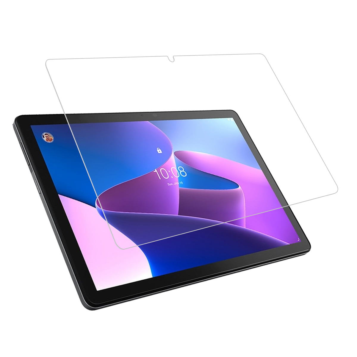 A glass tablet screen protector lies over a tablet screen. The screen shows the time.