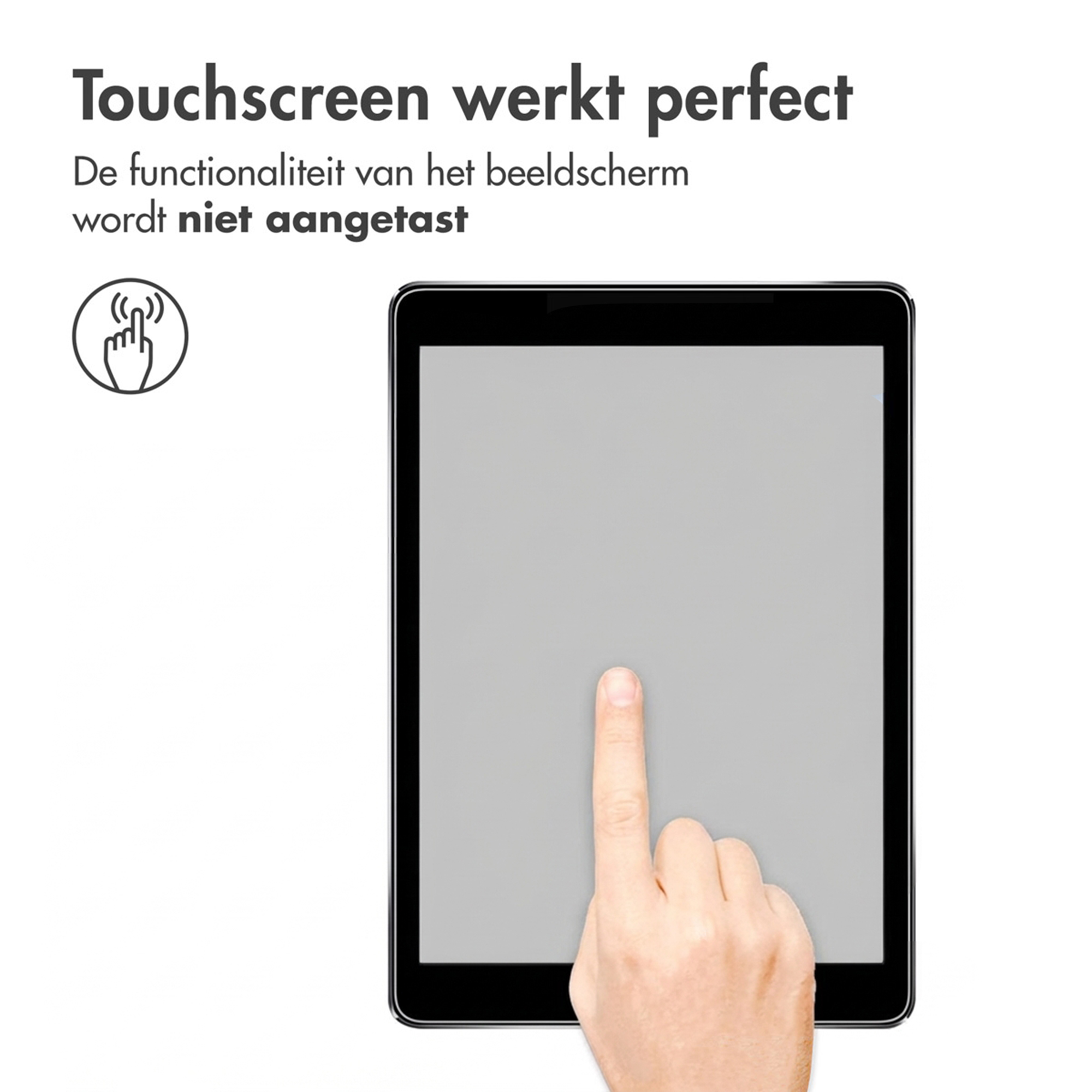 A finger taps the screen of a tablet. Touchscreen works perfectly.
