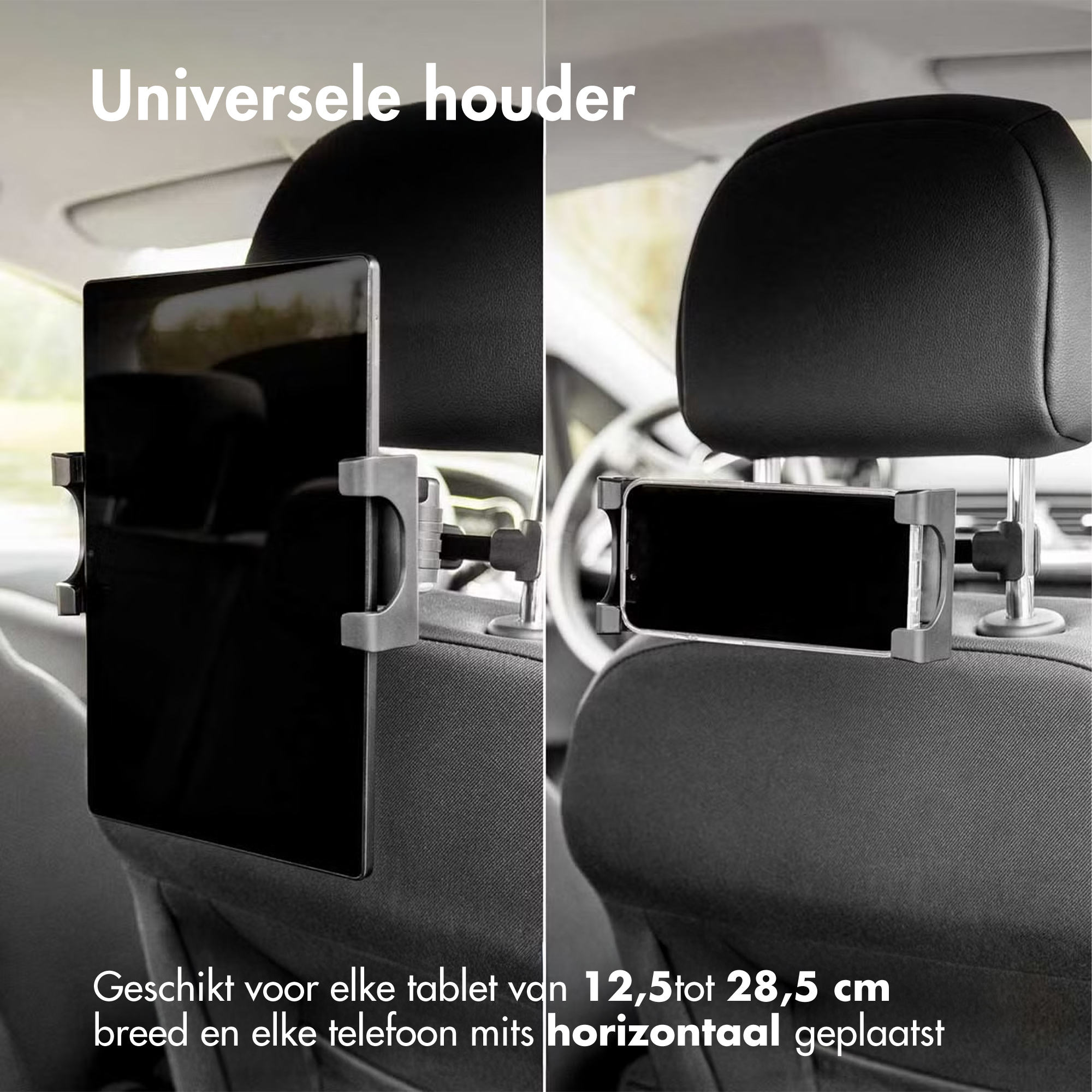 Universele houder voor tablets en telefoons op autostoel.