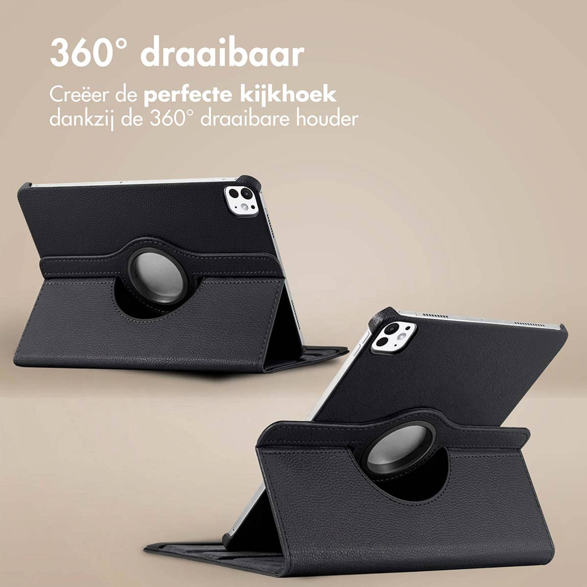Black tablet case with 360-degree rotating function, standing on a table.