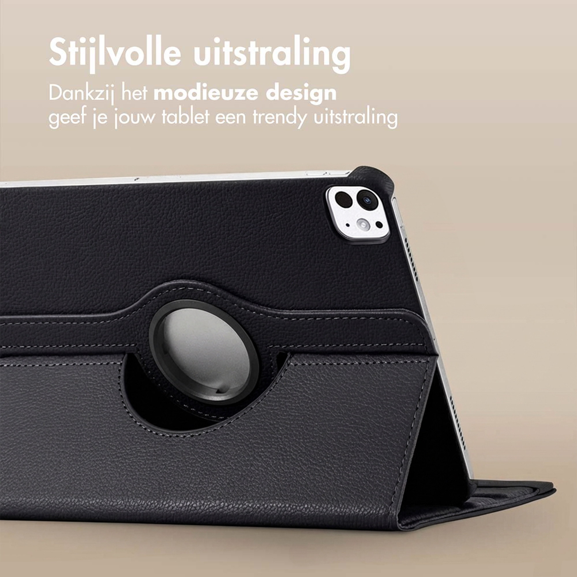 Black leather tablet case with cameras and a ring holder.