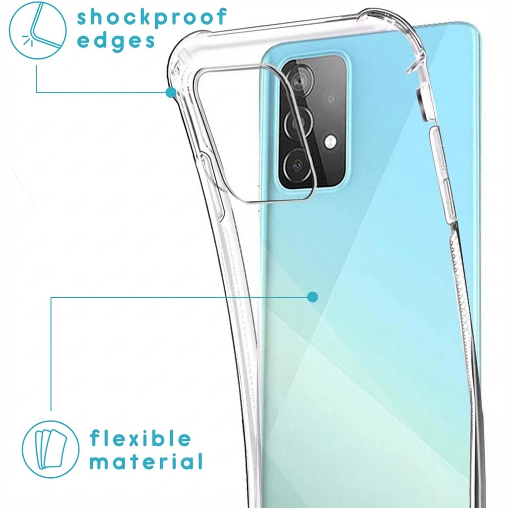 Coque de téléphone transparente avec accents bleus et découpe caméra.