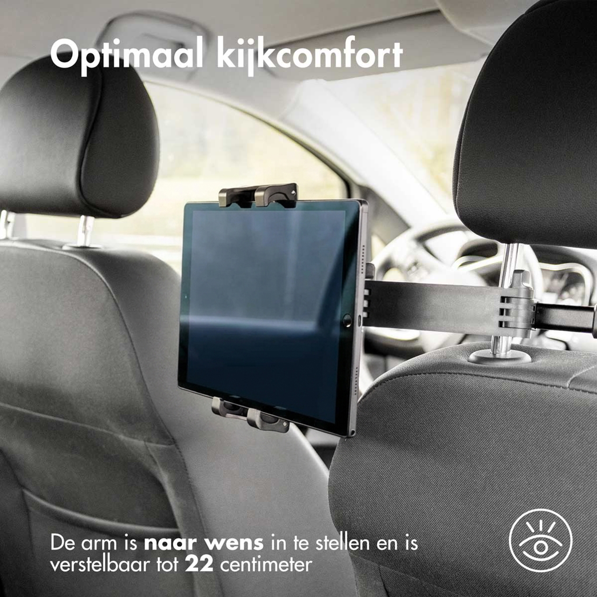 Tablet houder aan de achterkant van een autostoel voor optimaal kijkcomfort.