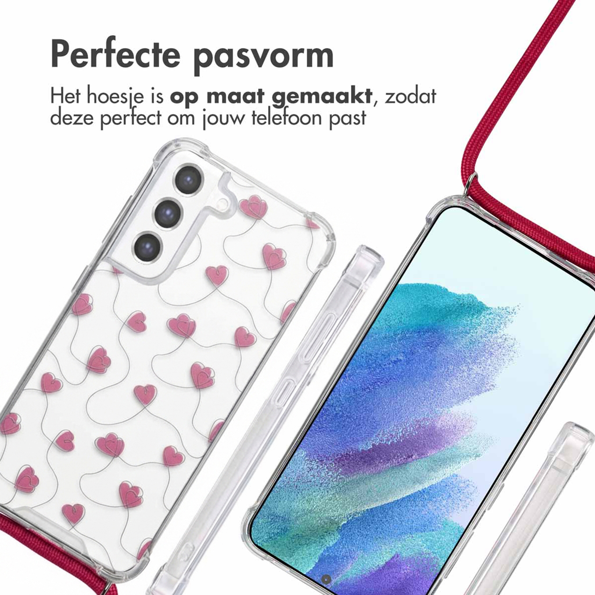 Transparante hoes met roze hartjes en rood koord, met smartphone.
