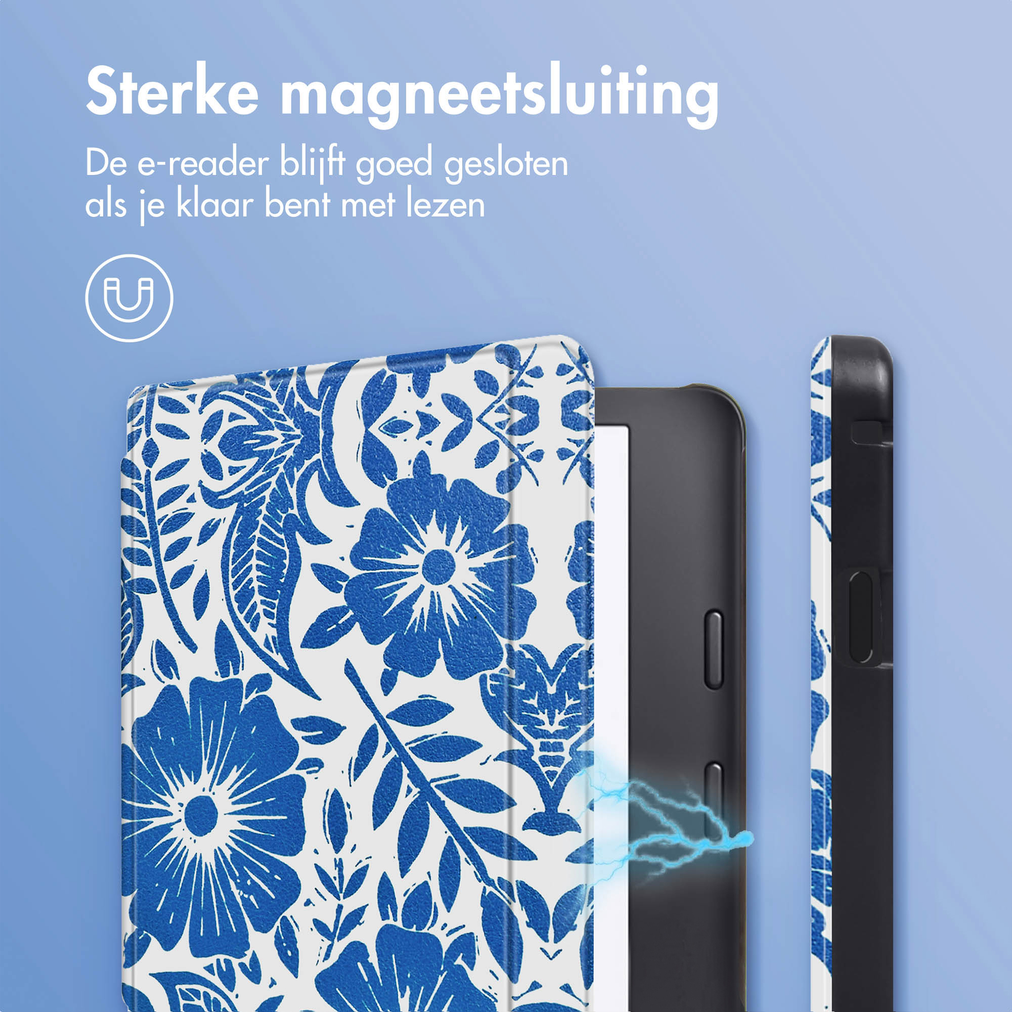 Étui pour liseuse avec motif floral bleu et fermeture magnétique. Fond bleu.