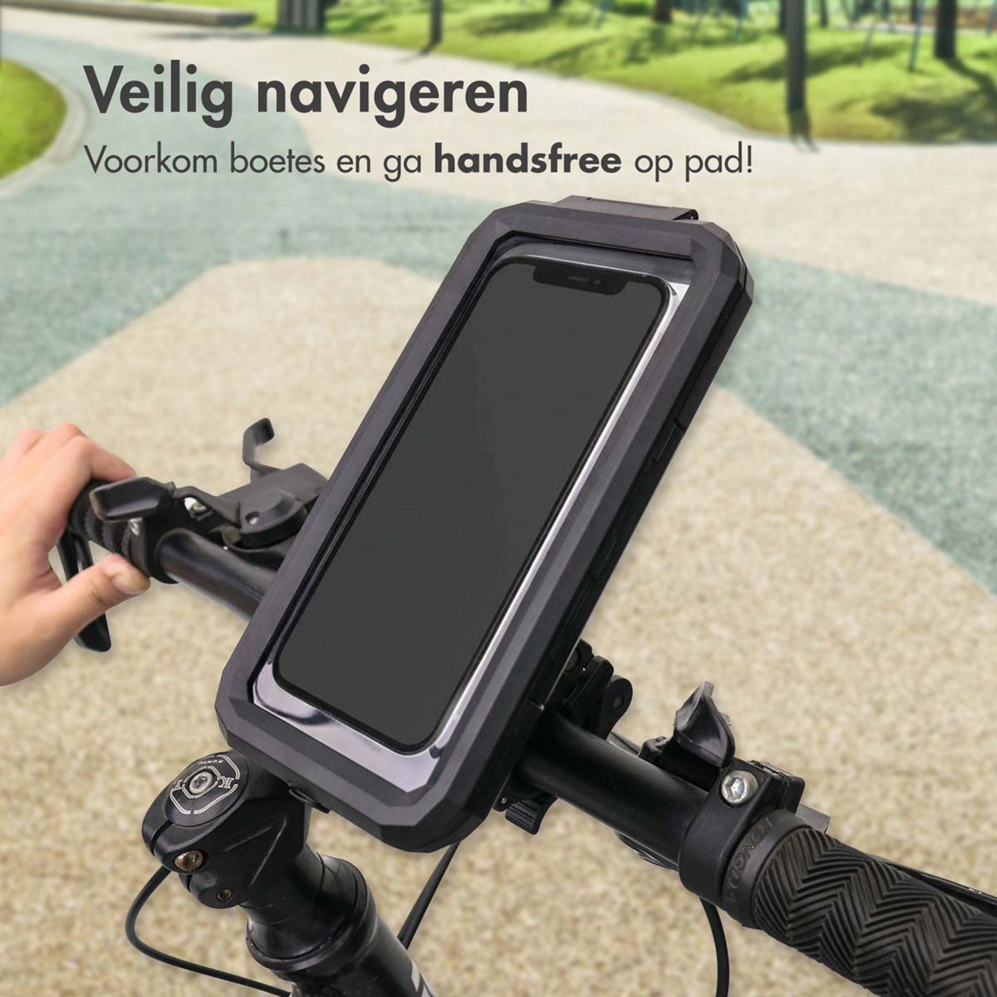 Bicycle handlebars with waterproof phone mount, hand gripping handle.