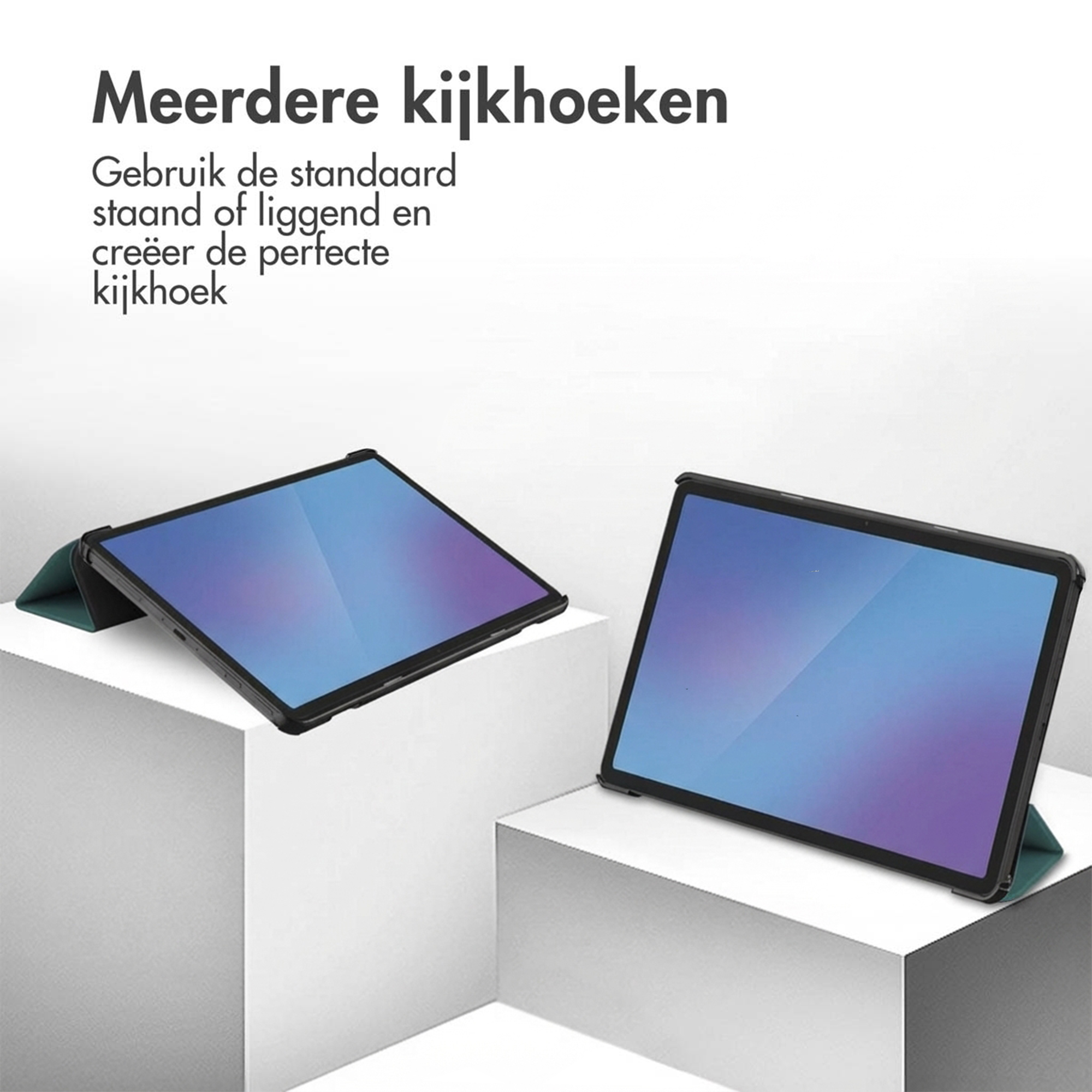 Two tablets on white pedestals, one left, one right. One has a green stand.