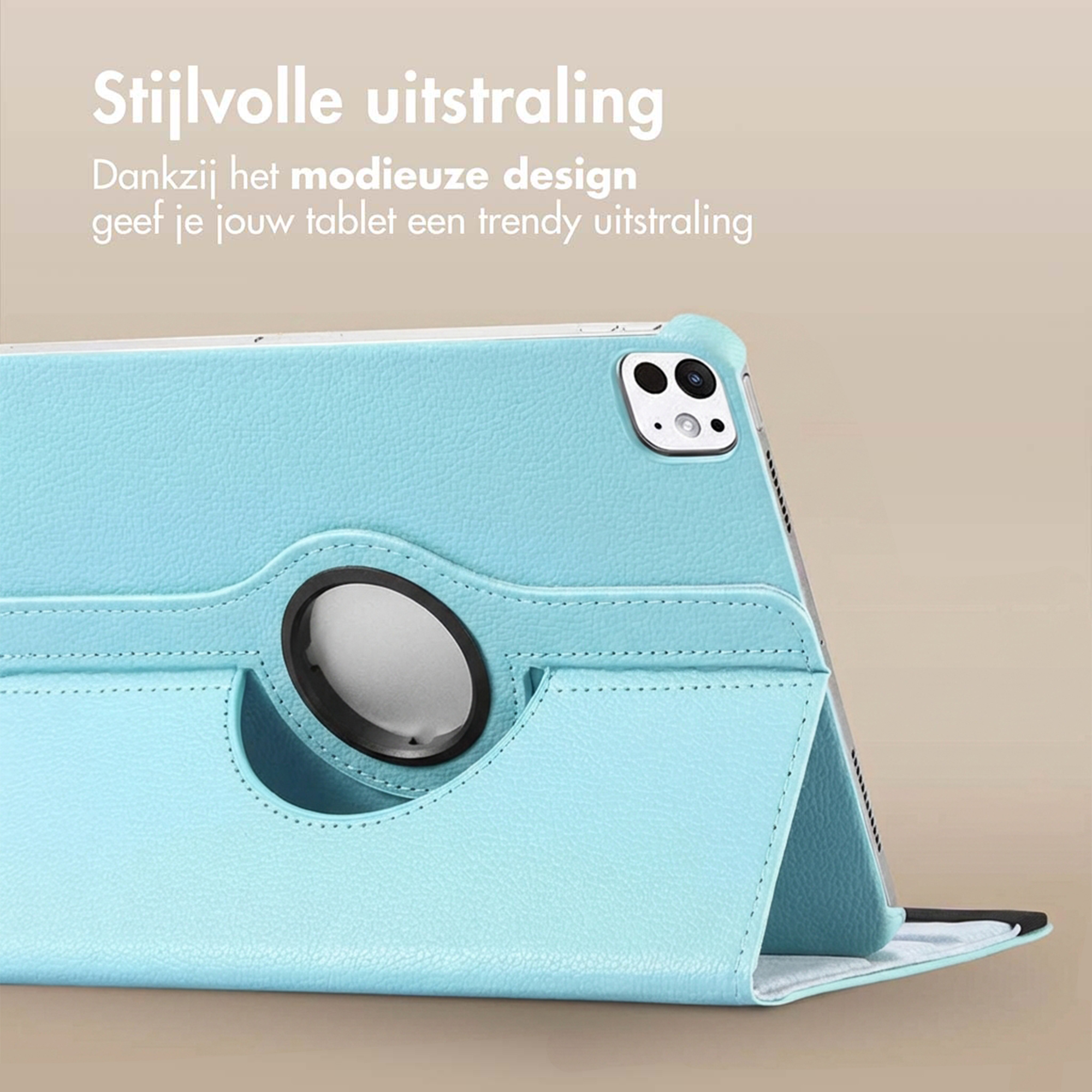 Light blue tablet case with a rotating ring and camera module.