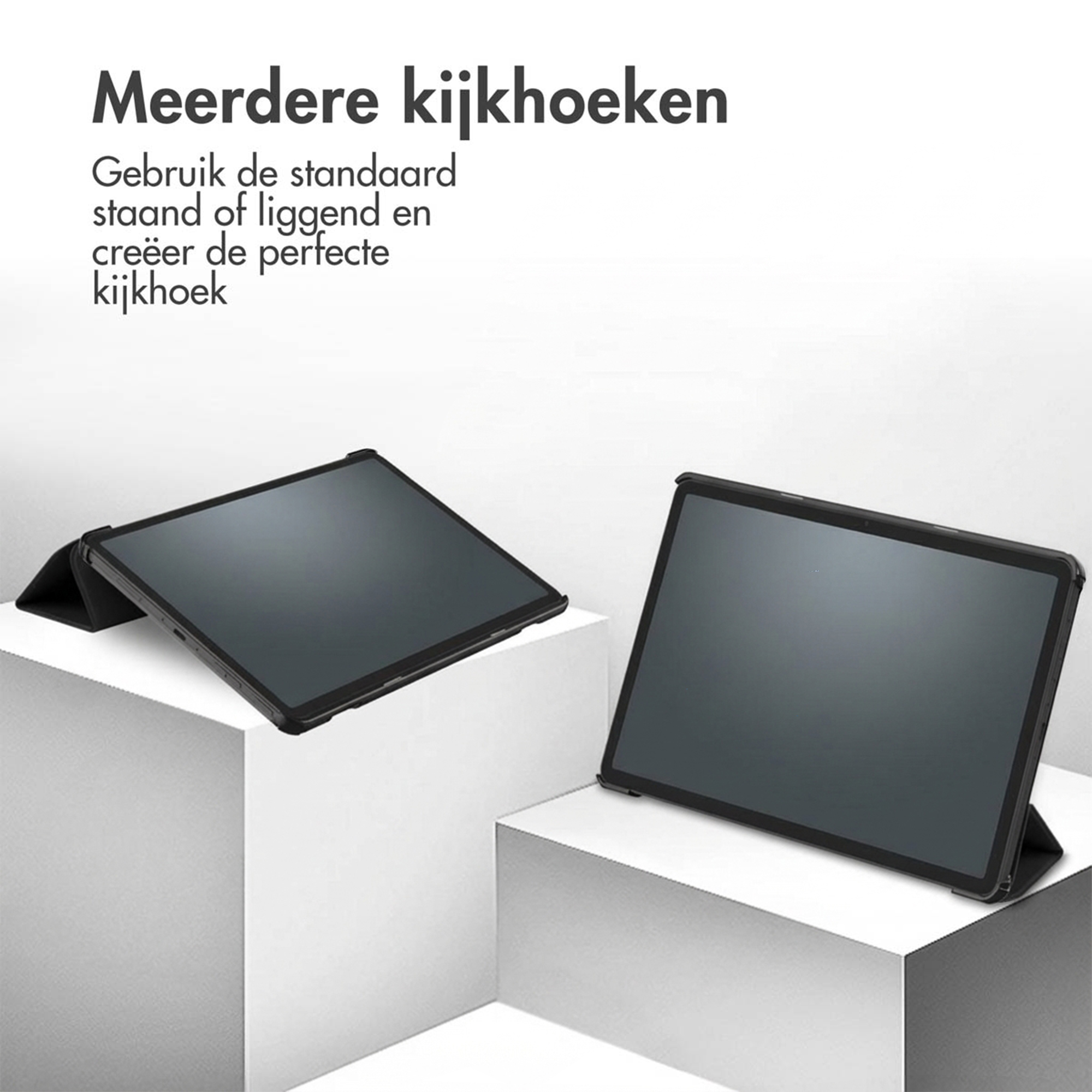 Two black tablets with stands on white cubes, showing different viewing angles.