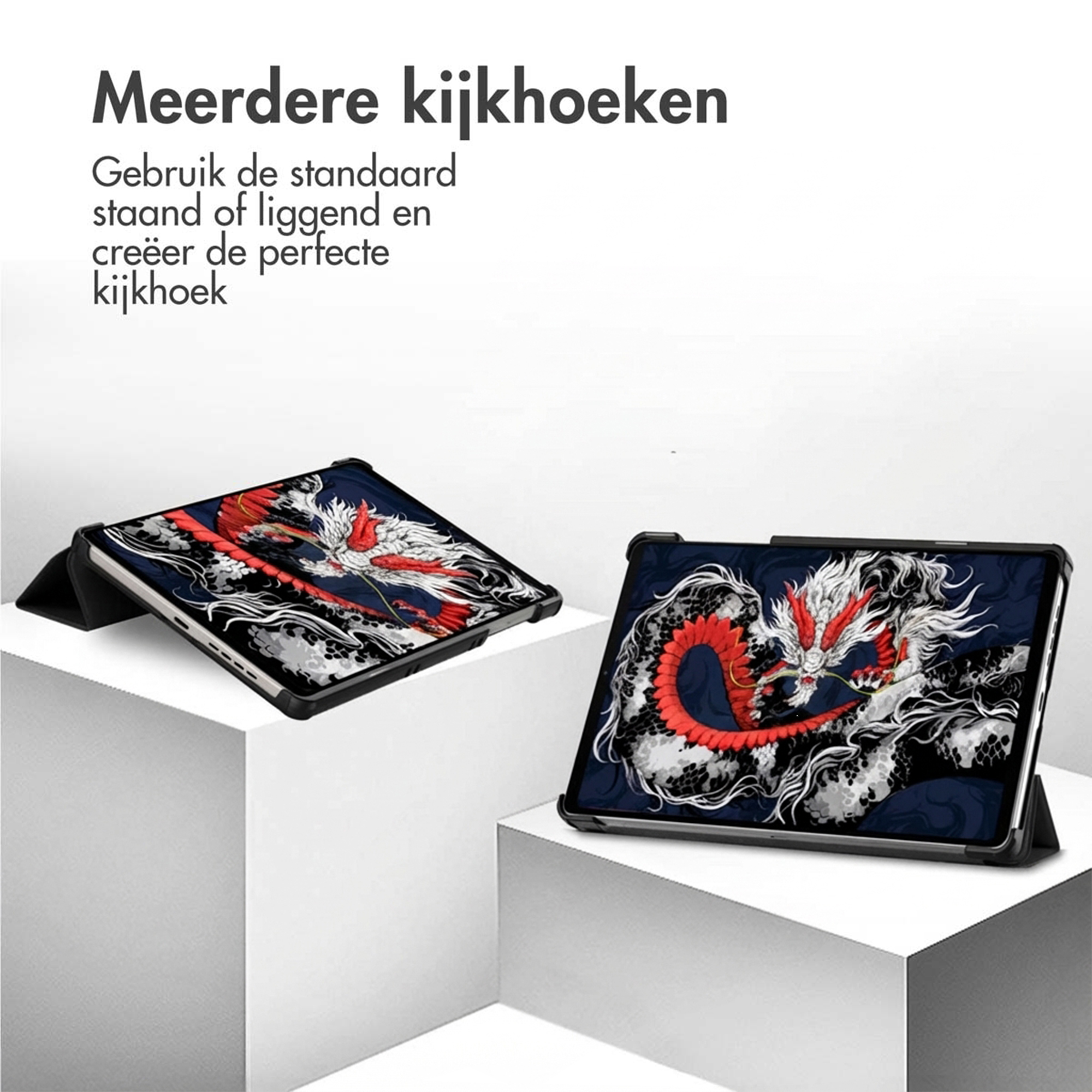 Two tablets with dragon design on dark background, one upright, one lying down.