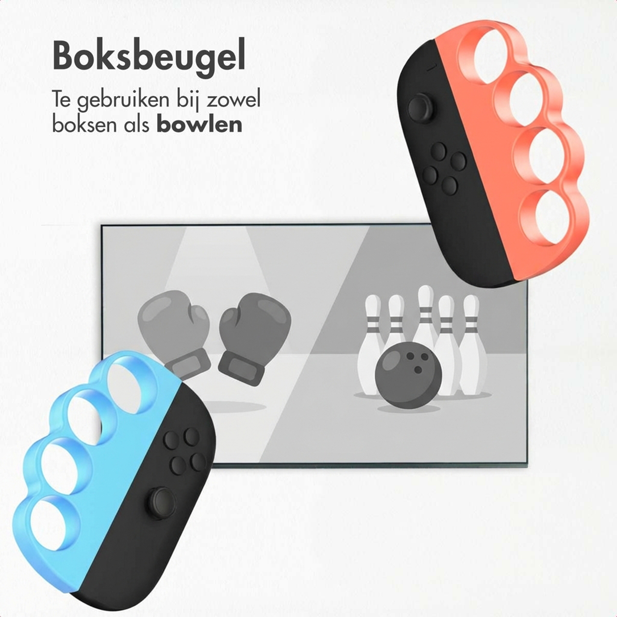 Due accessori per controller, uno blu, uno corallo, mostrano guantoni da boxe e birilli.
