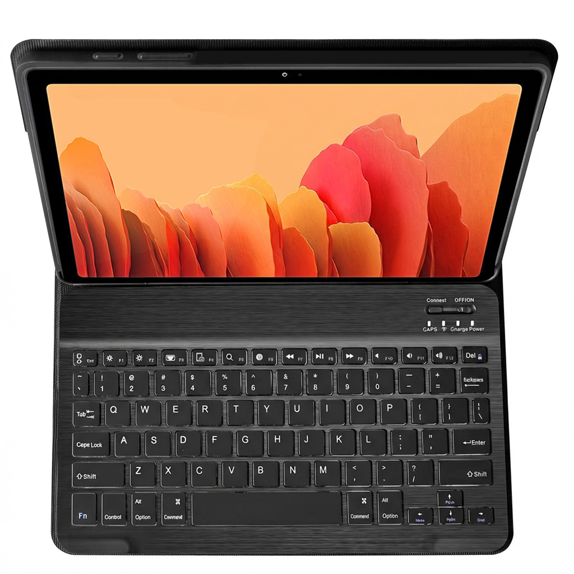 An open tablet with a keyboard attached, lying on a surface.