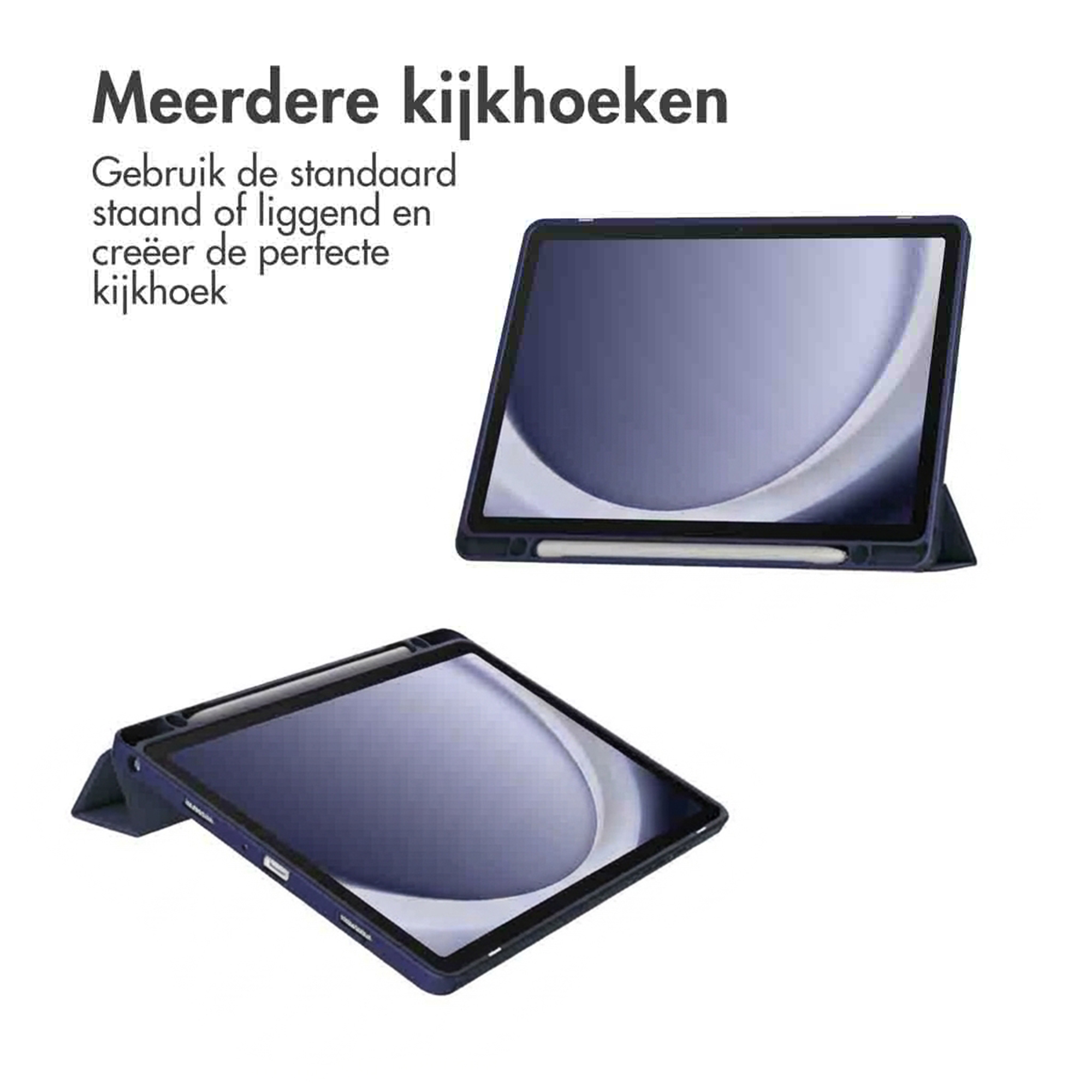 Two blue tablet cases with stands, one upright, one flat. White background.