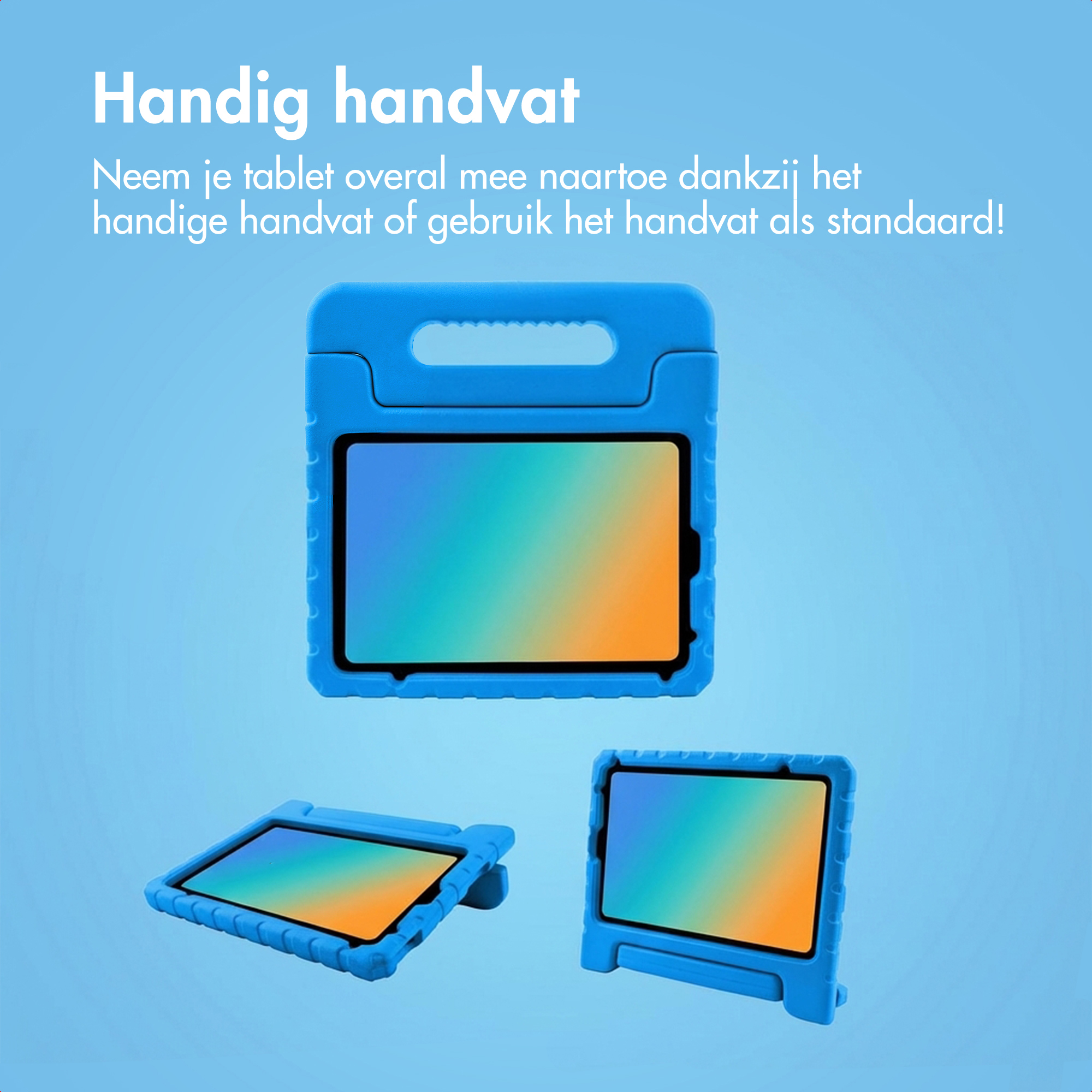 Étui bleu pour tablette avec poignée et support.