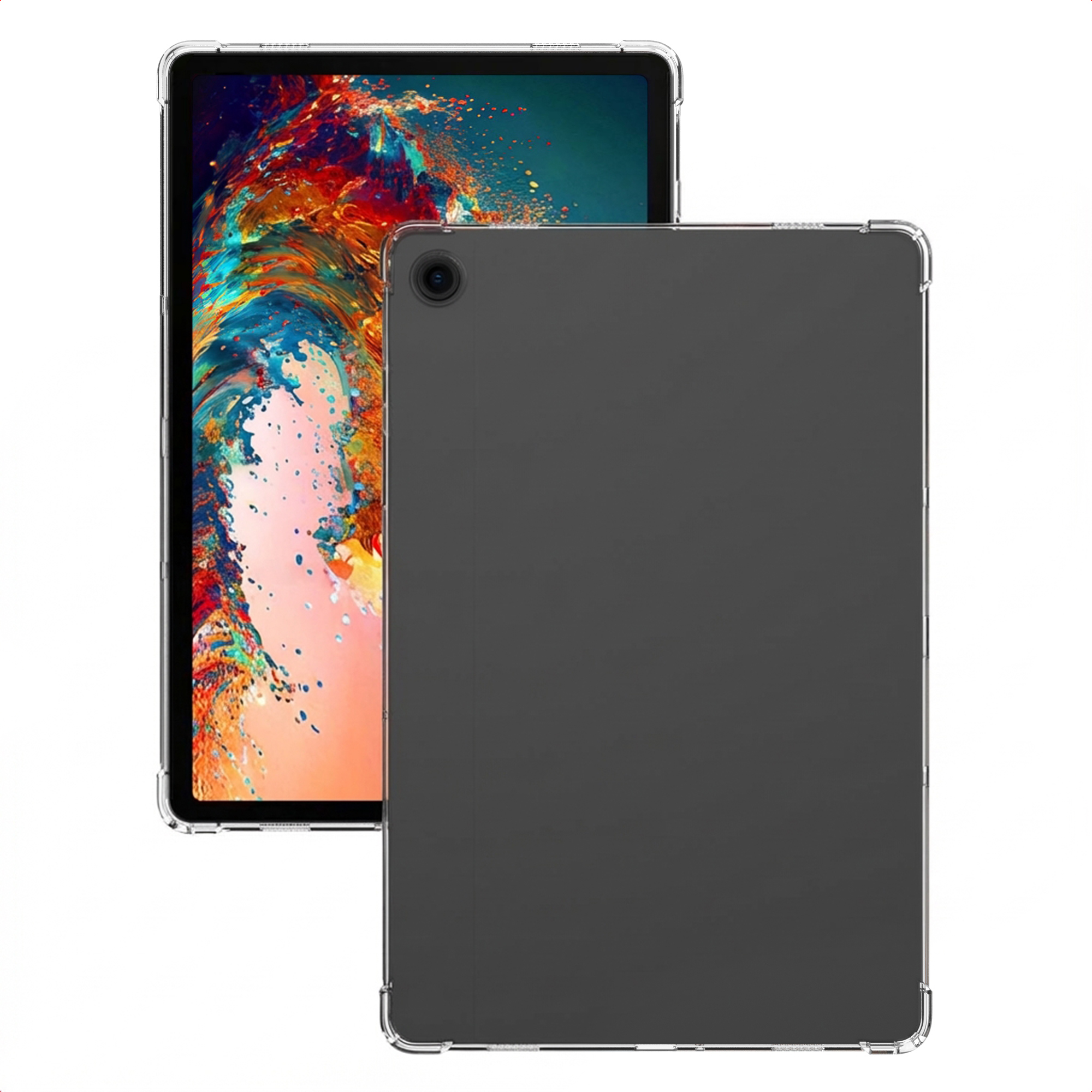 A tablet with a colorful wallpaper and a clear protective case.