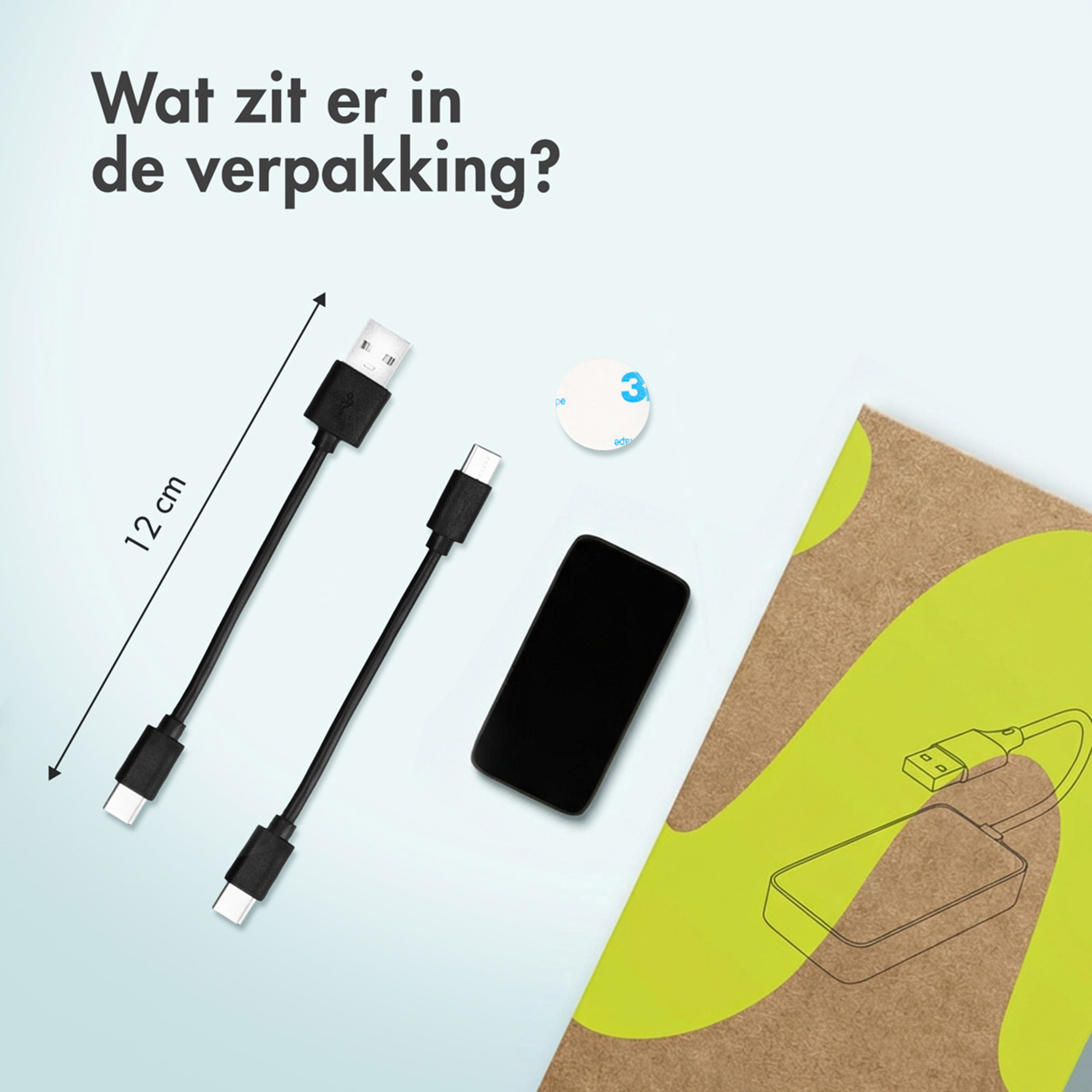 Two black cables with USB and Type-C connectors, a black rectangle, a sticker and packaging.