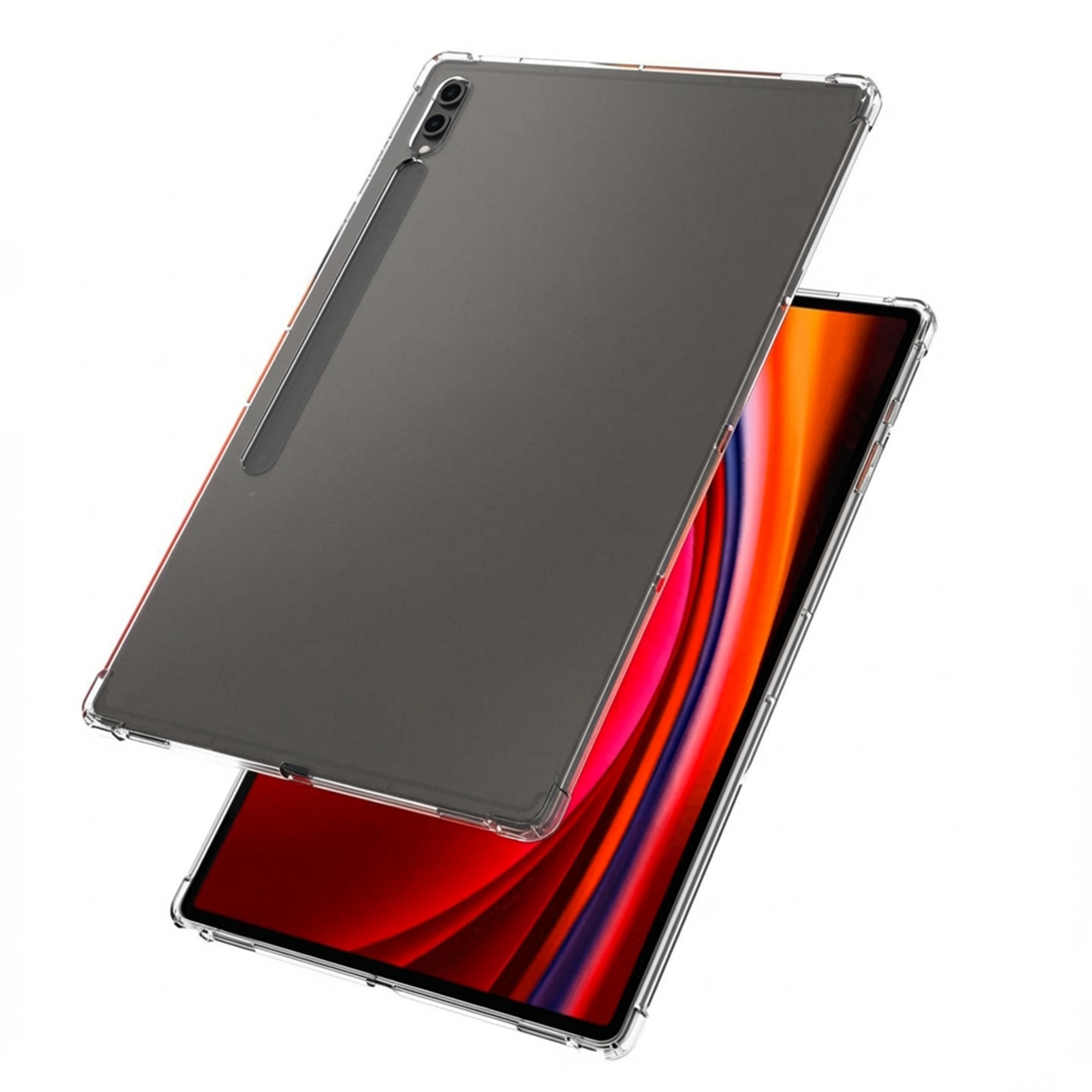 A transparent tablet case with a dark screen and red background.