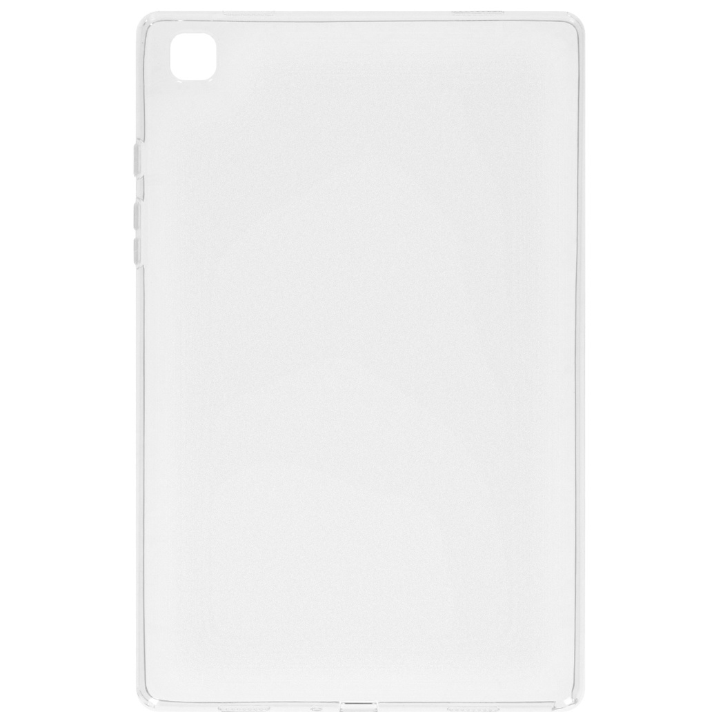 A transparent tablet case lying on a white surface.