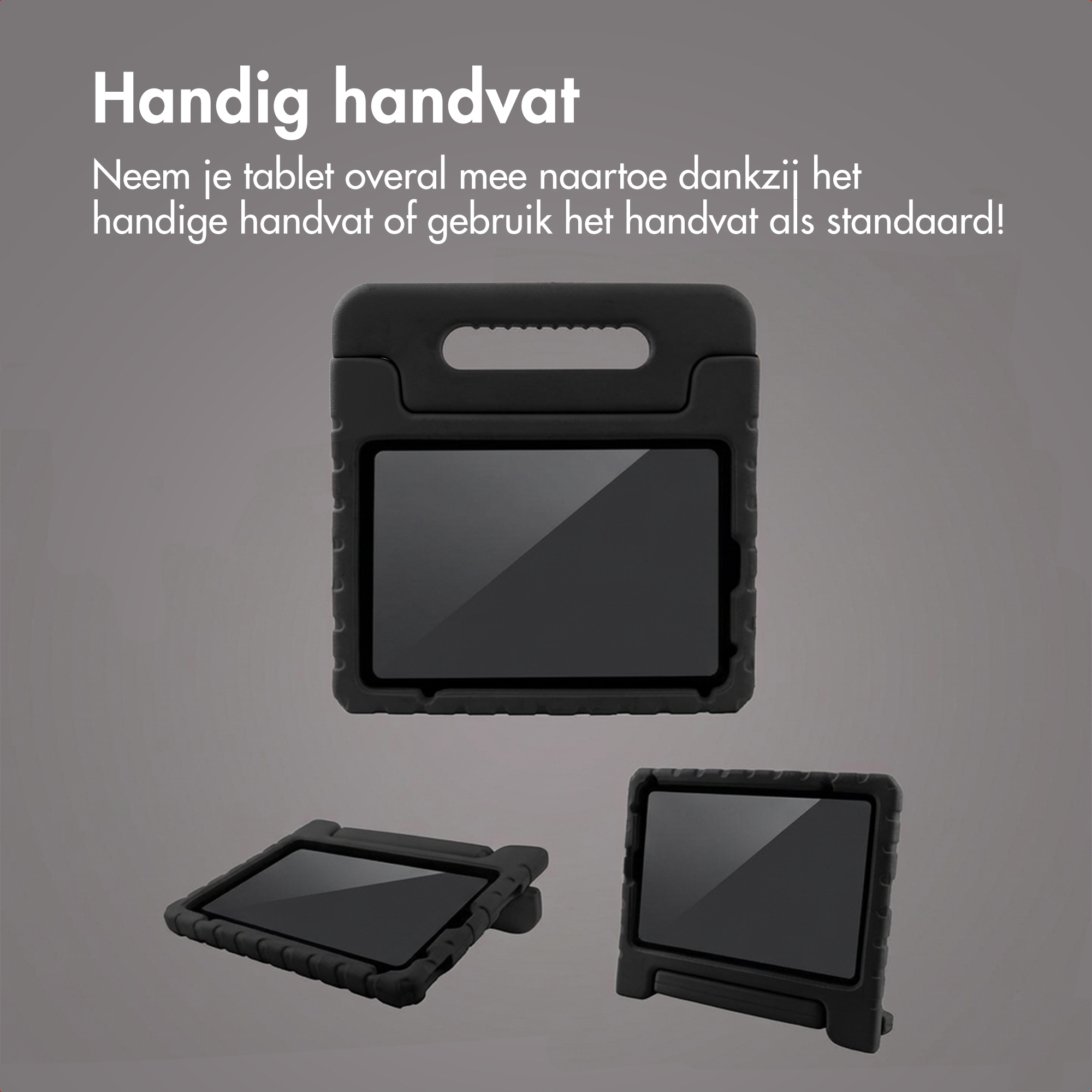 Zwarte tablethoezen met handvat en standaardfunctie op grijze achtergrond.