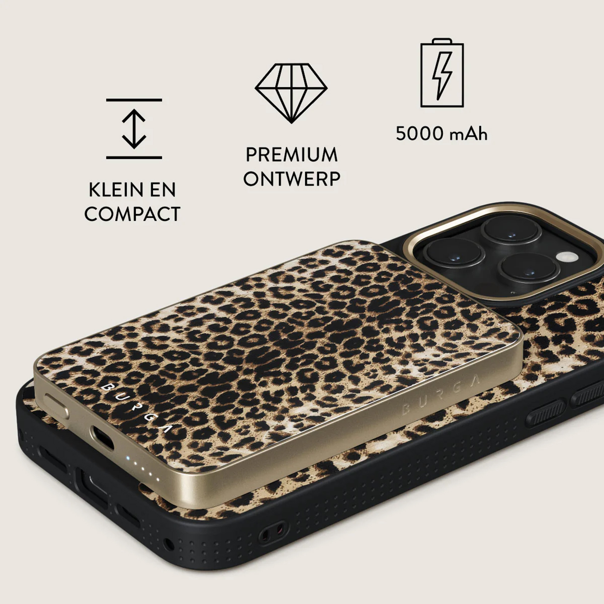 Coque de téléphone et batterie externe léopard. Petite et compacte.