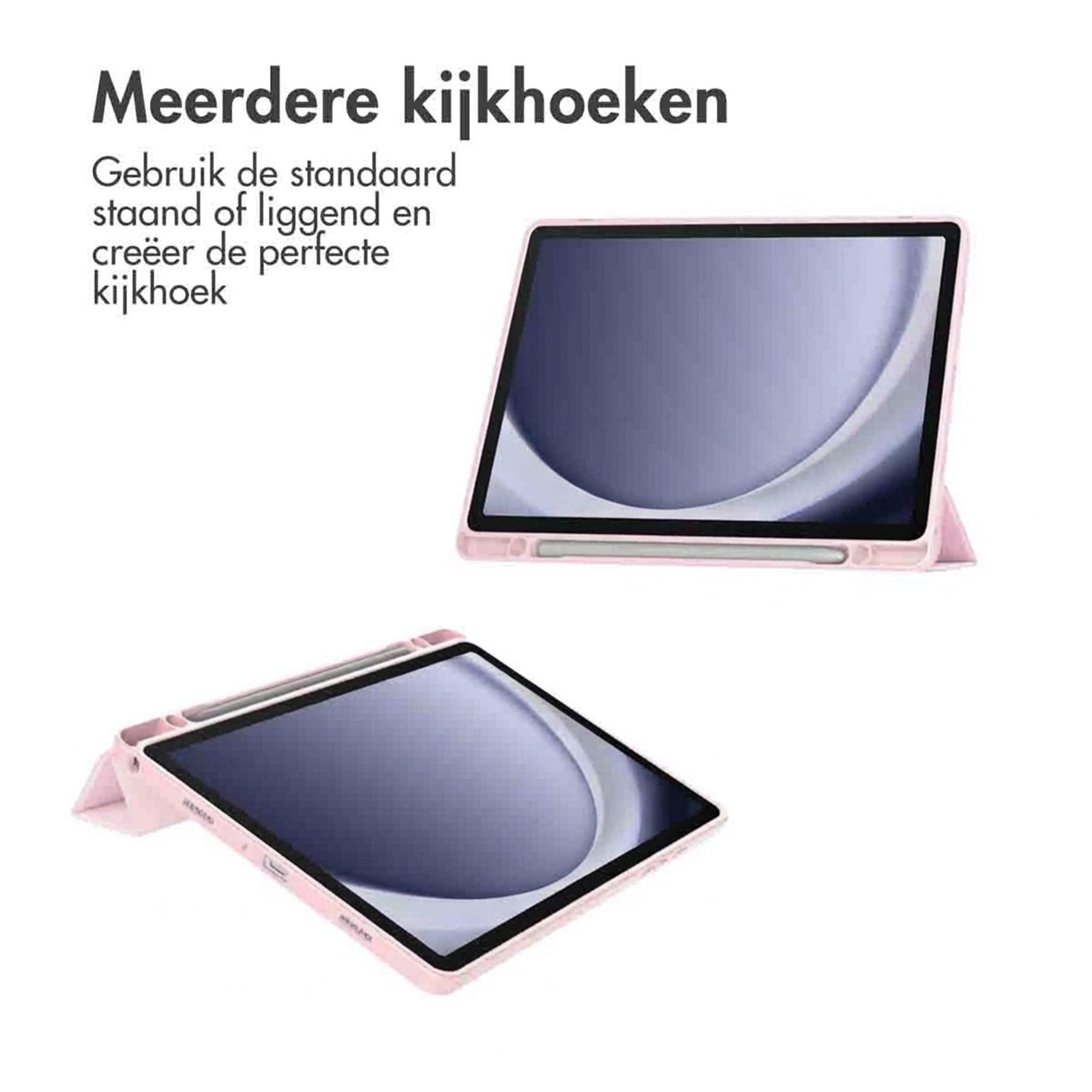 A pink tablet stand shown in two orientations: portrait and landscape.