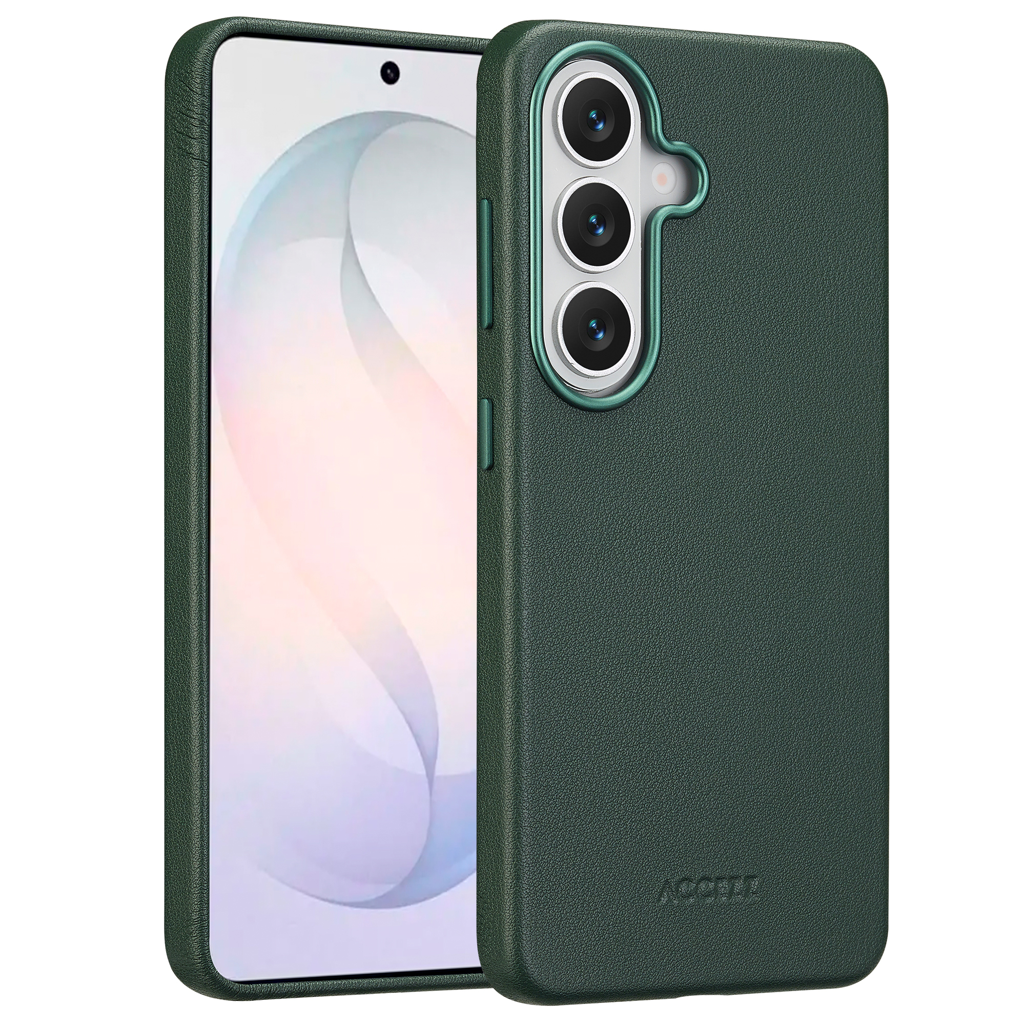 Donkergroene telefoonhoes met drie cameralenzen en textuur op witte achtergrond.