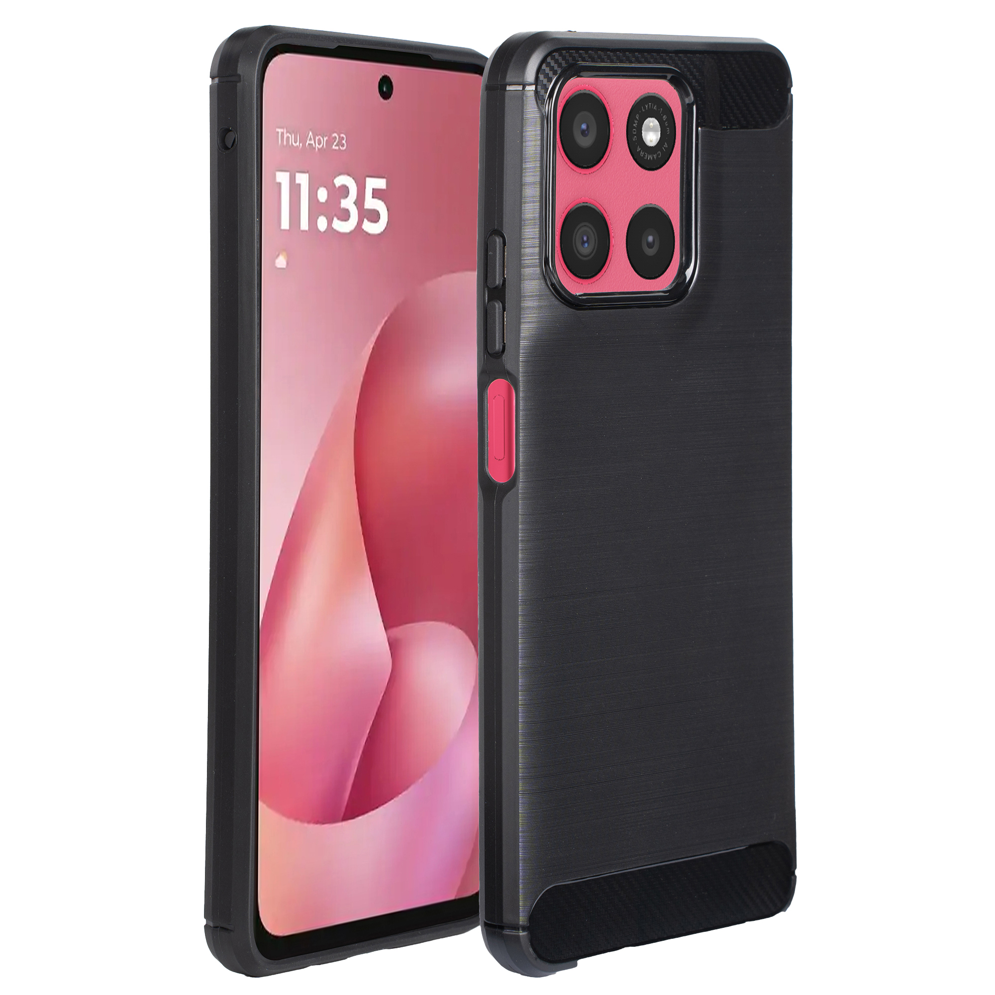 Coque de téléphone noire avec quadruple caméra arrière et accent rouge.
