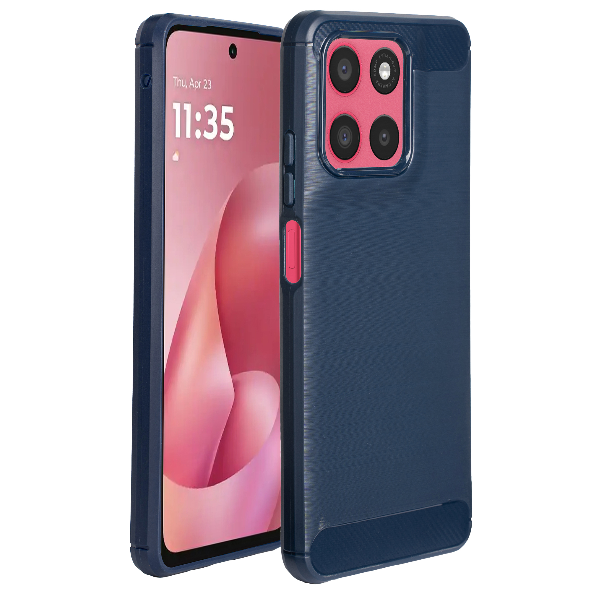 Coque de téléphone bleu marine avec cadre photo rose.