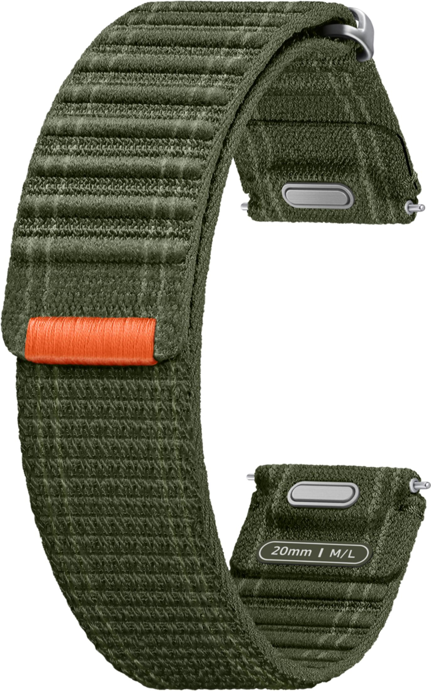 Zielona opaska materiałowa z pomarańczową pętlą i metalową klamrą.