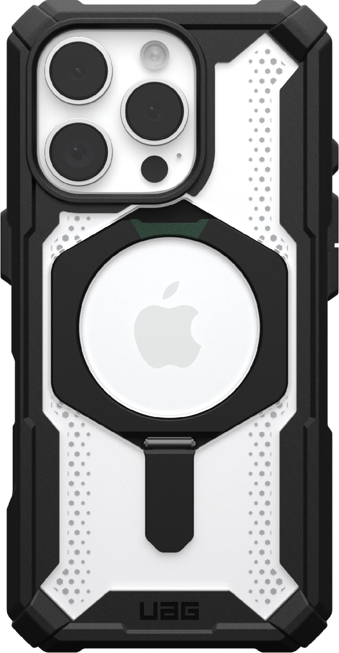 Schwarze Hülle mit weißem Muster, Kamera und Apple-Logo.