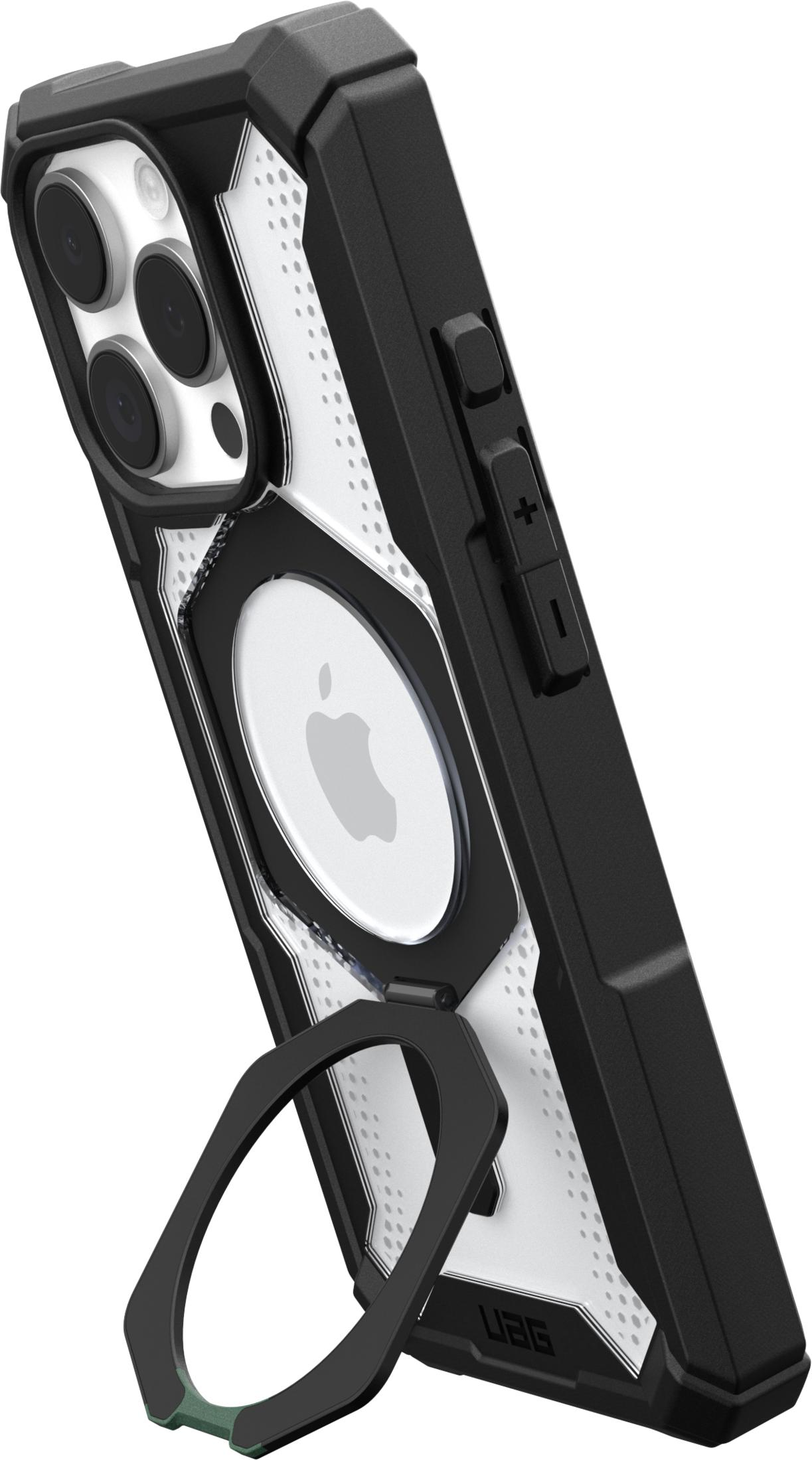 Schwarze Hülle mit Apple Logo und Ständer. Kameras und Knöpfe sichtbar.