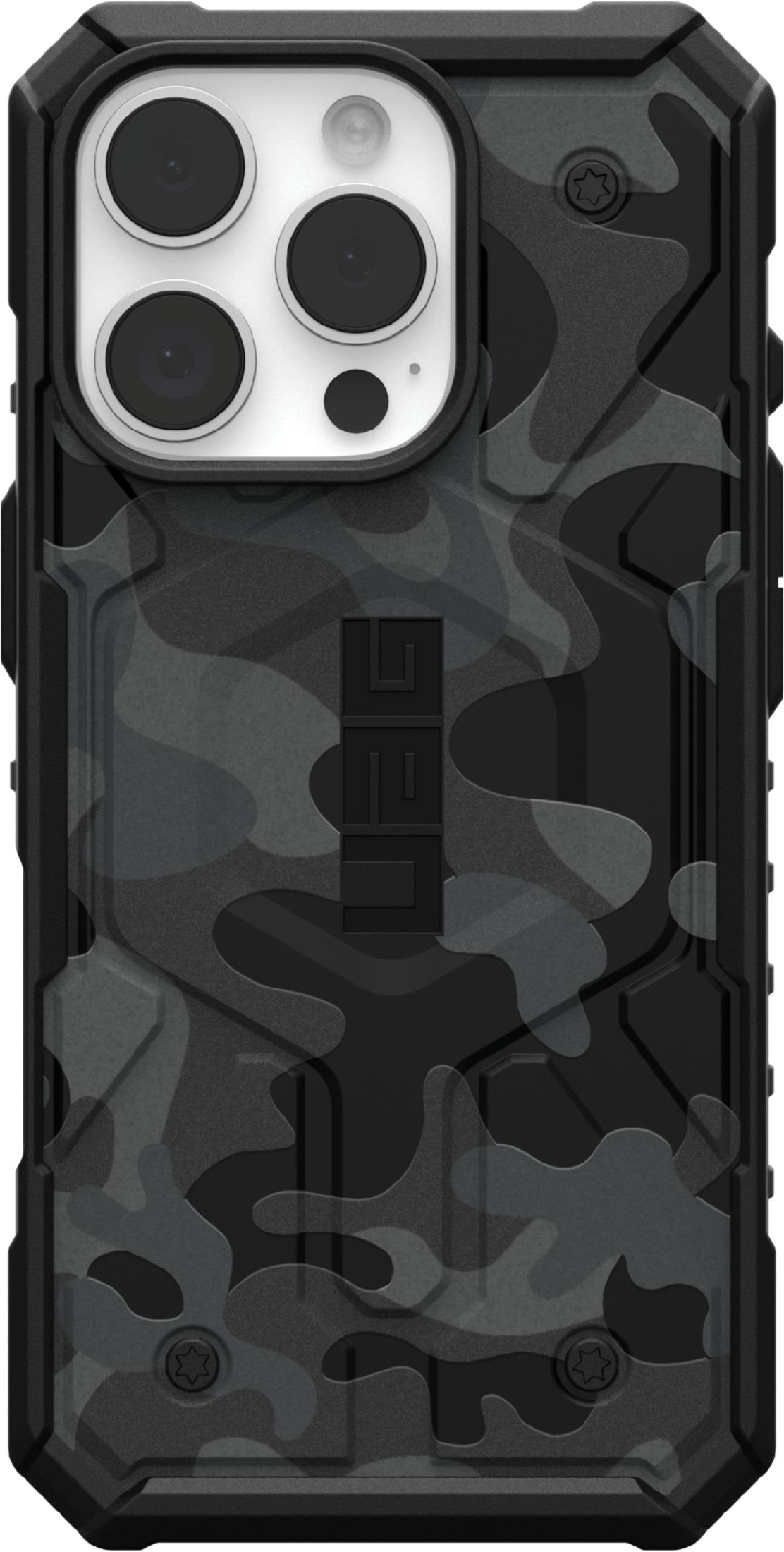 Schwarze Handyhülle mit Camouflagemuster und Kameraaussparung.