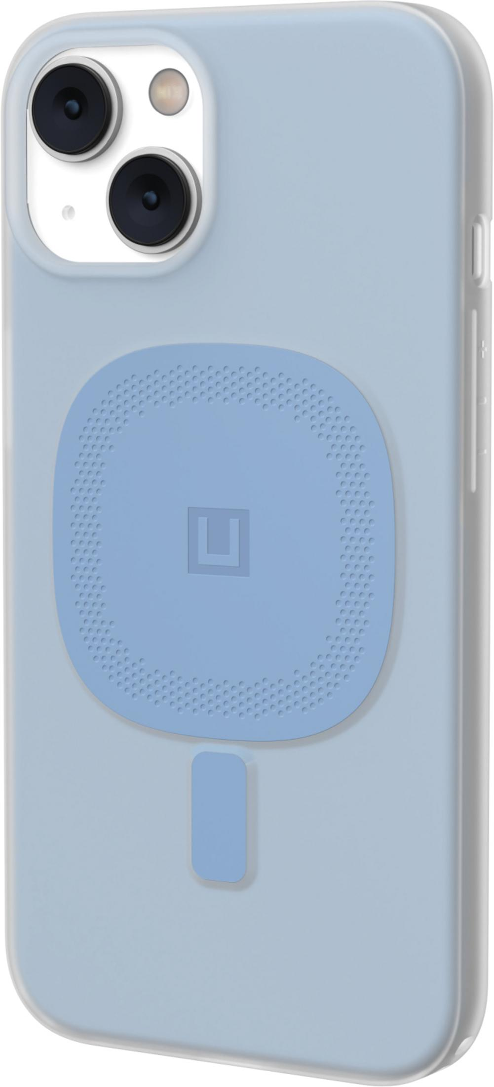 Lichtblauwe smartphonehoes met dubbele camera en magnetische oplaadcirkel.