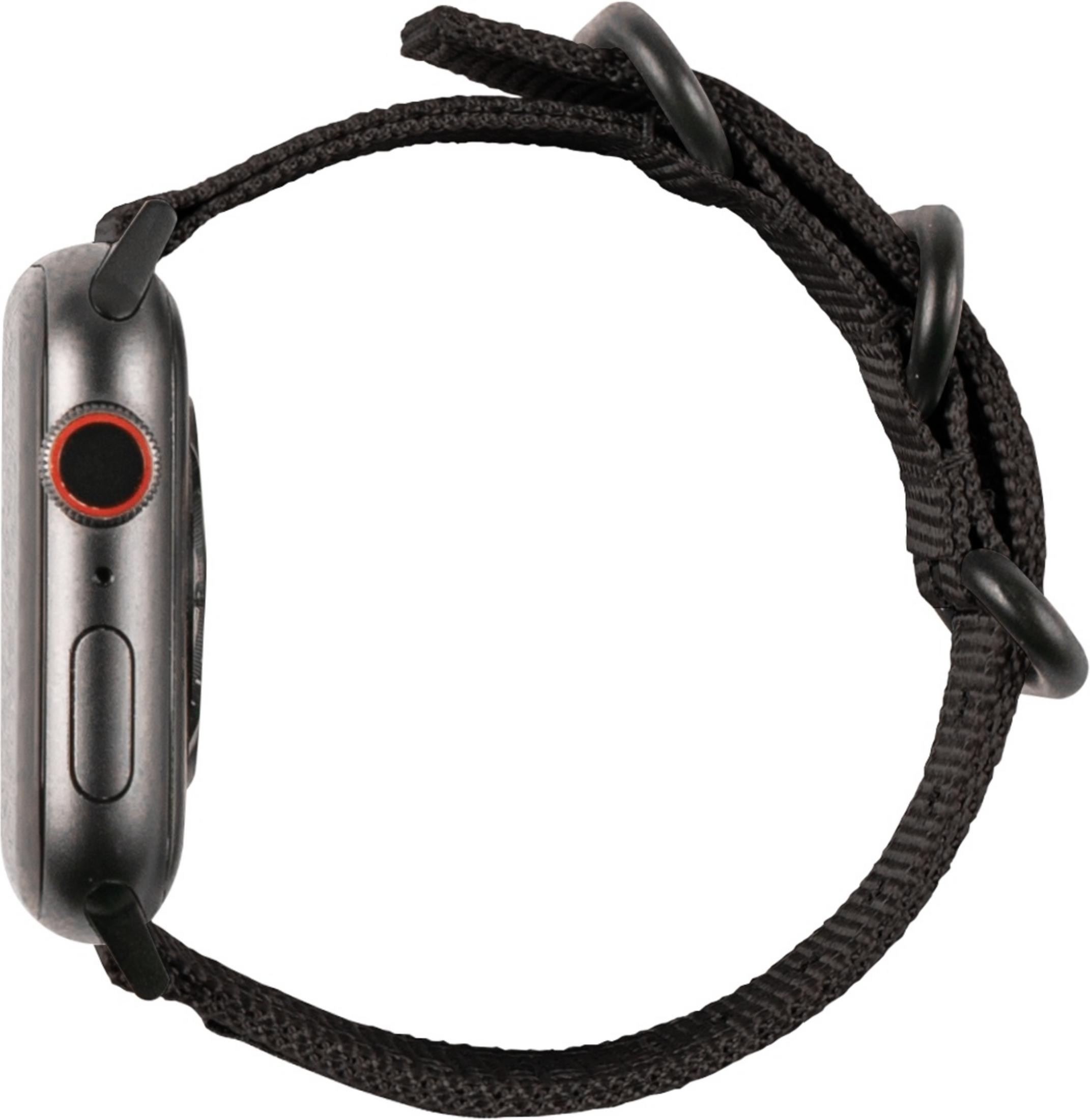 Schwarzes Uhrenarmband mit silberner Smartwatch, weiße Hintergrundansicht.
