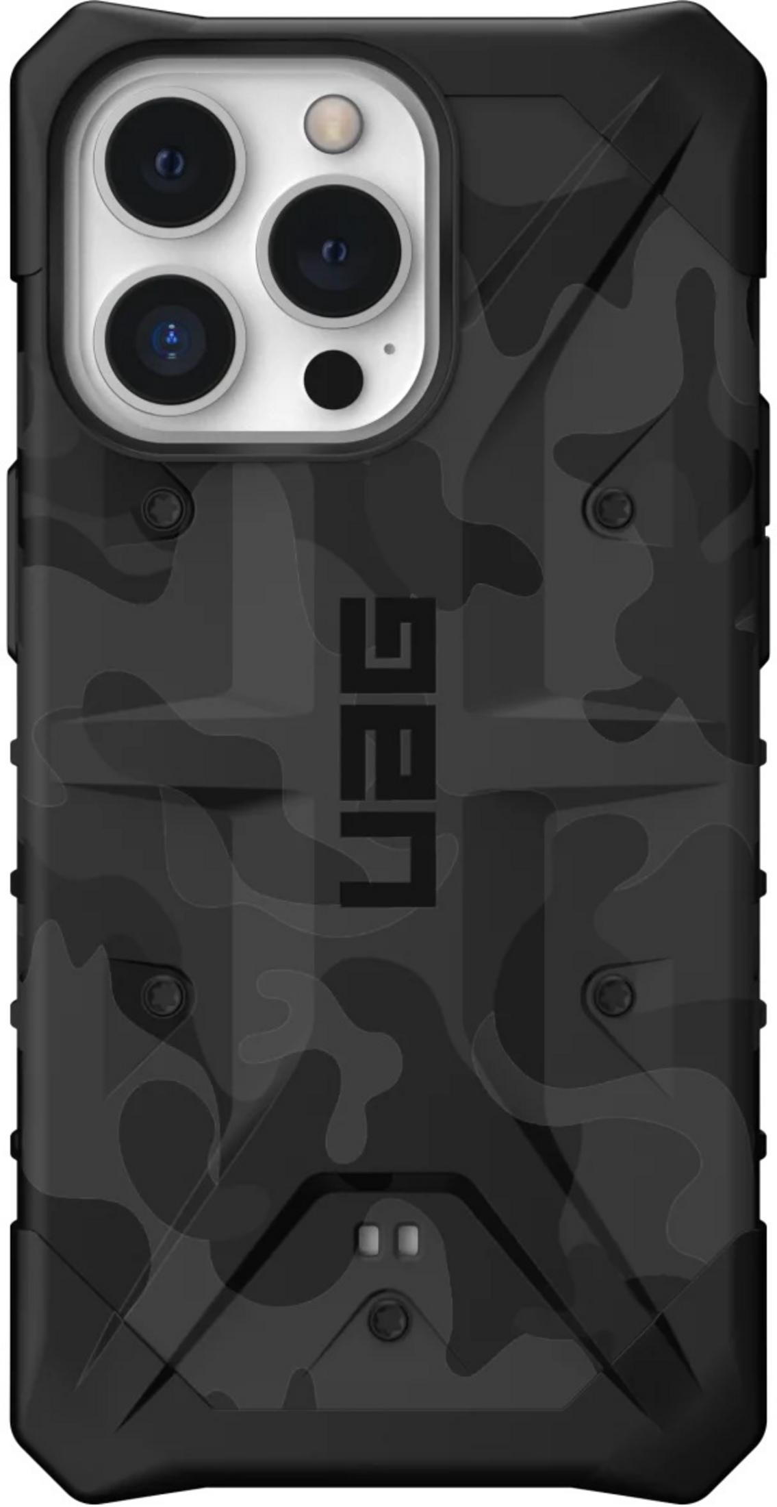 Schwarze Handyhülle mit Tarnmuster und UAG-Logo.