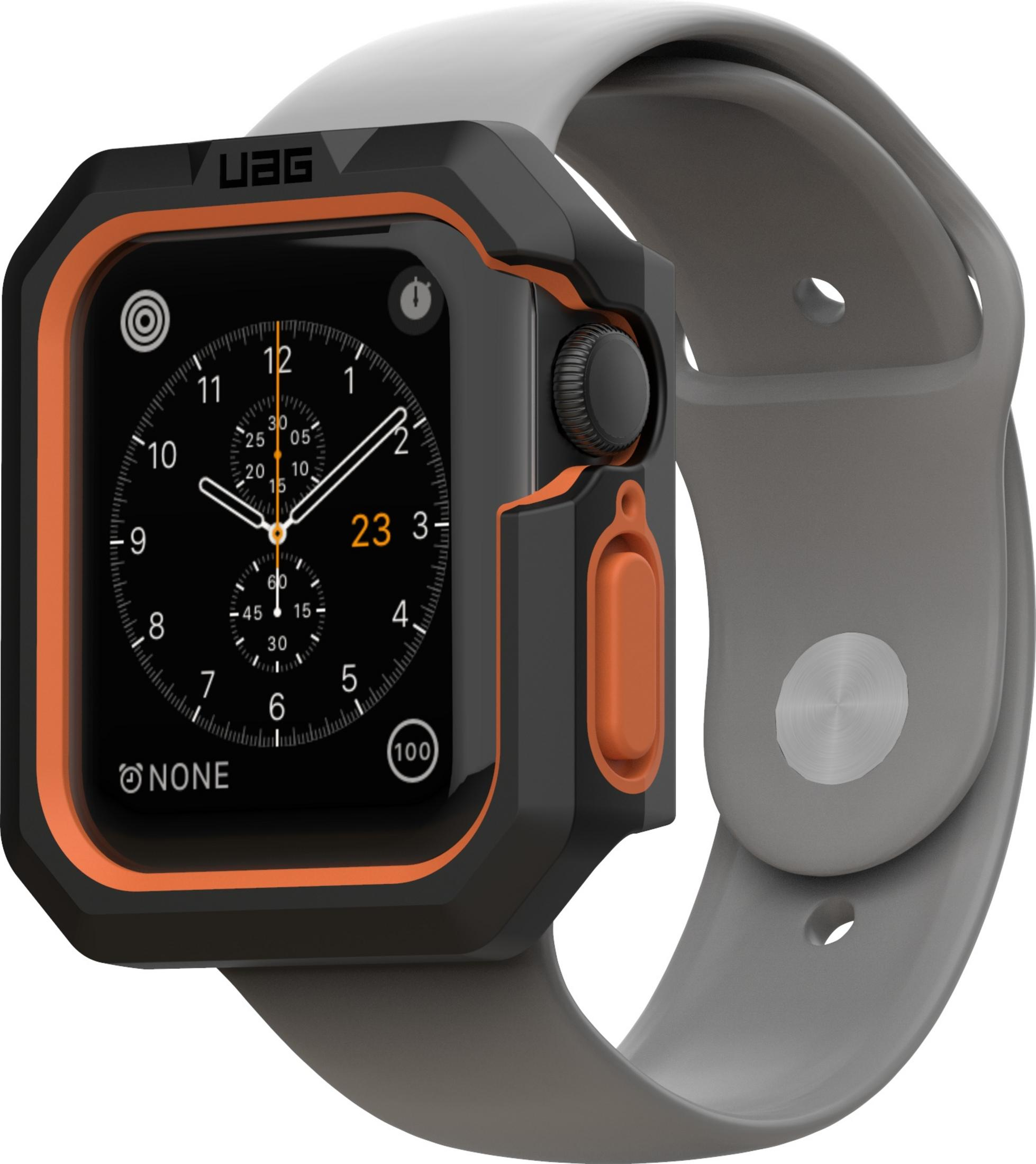 Wytrzymały smartwatch z czarno-pomarańczową kopertą, szarym paskiem, wyświetlaczem.