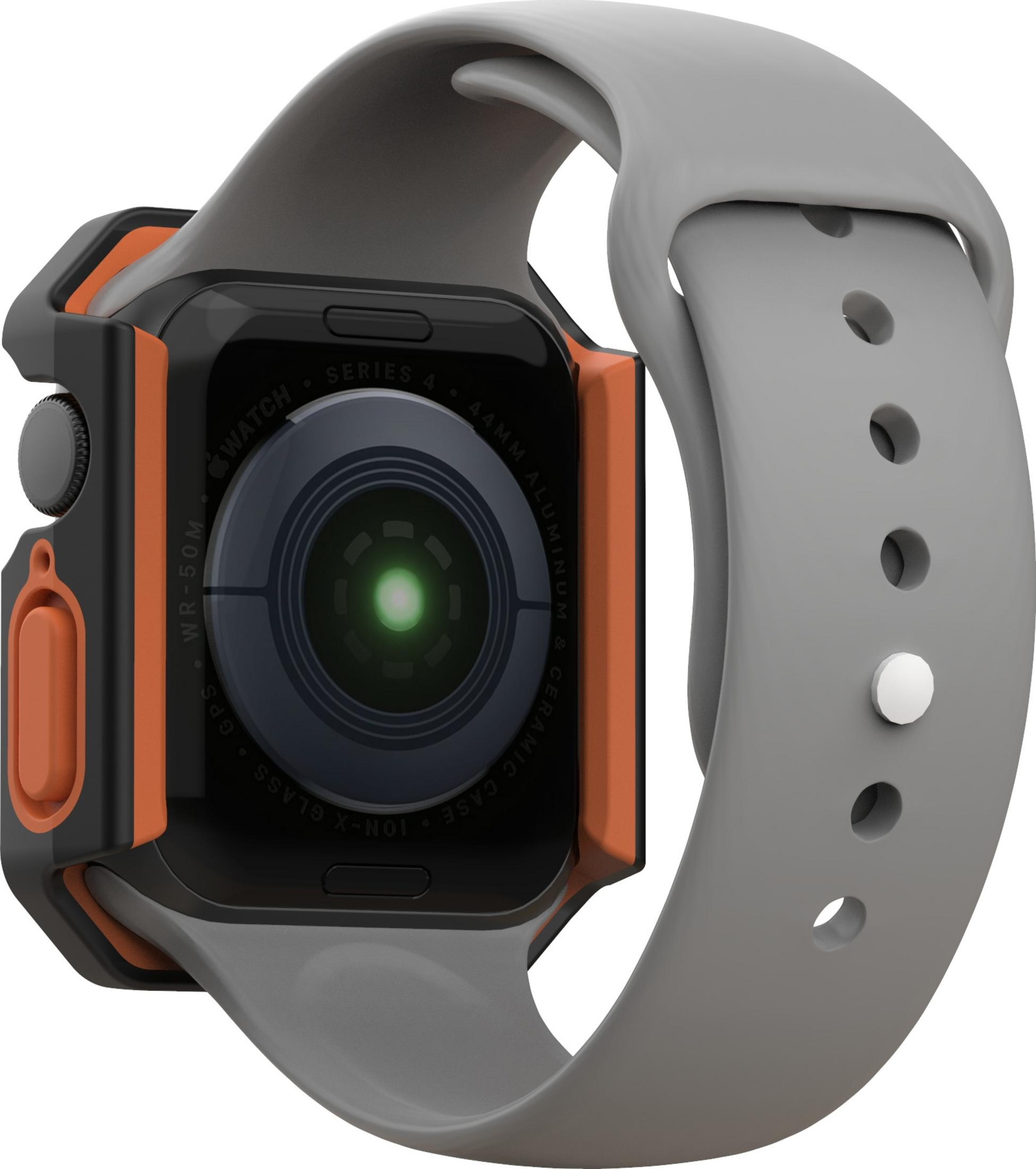 Szary Apple Watch z czarno-pomarańczową obudową.