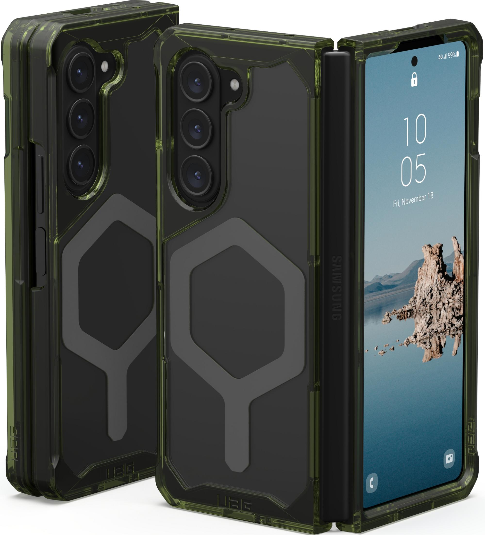 Twee zwarte telefoonhoesjes met groene rand, één open met smartphone scherm.