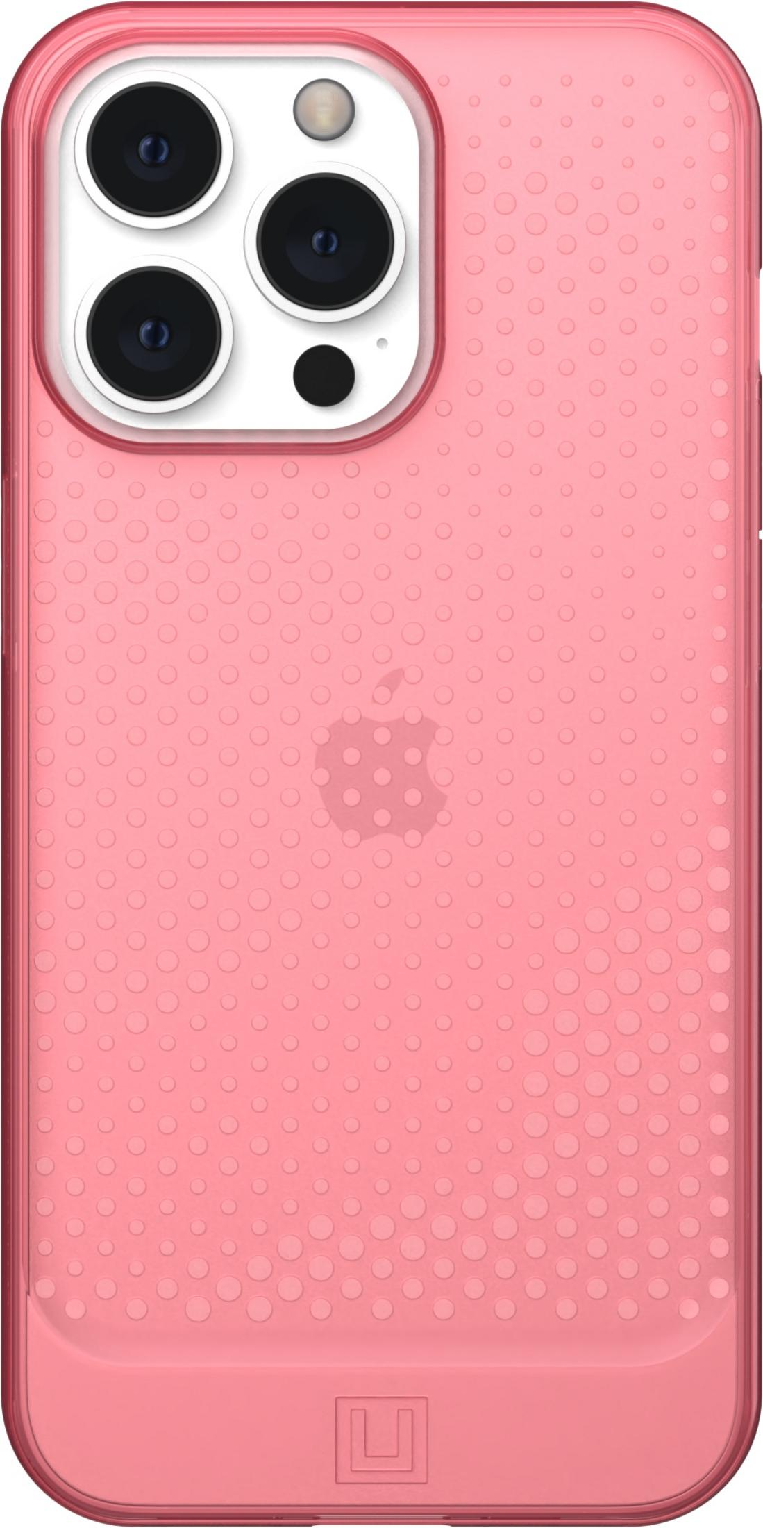 Ein pinker iPhone-Hülle mit einem Muster aus kleinen Kreisen und einem Apple-Logo.