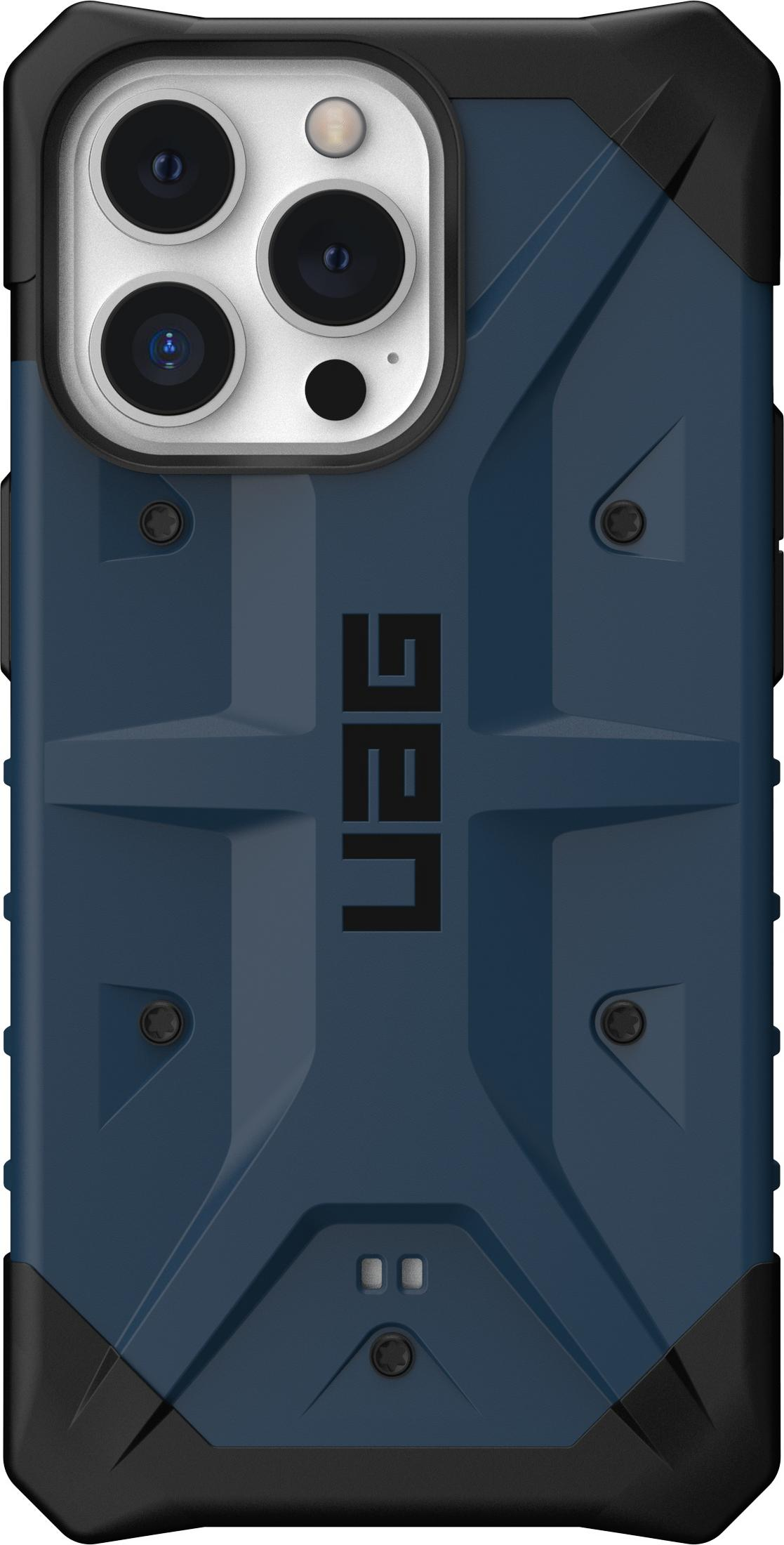 Blaue Handyhülle mit schwarzem Rand, Kameraaussparung und UAG-Logo.