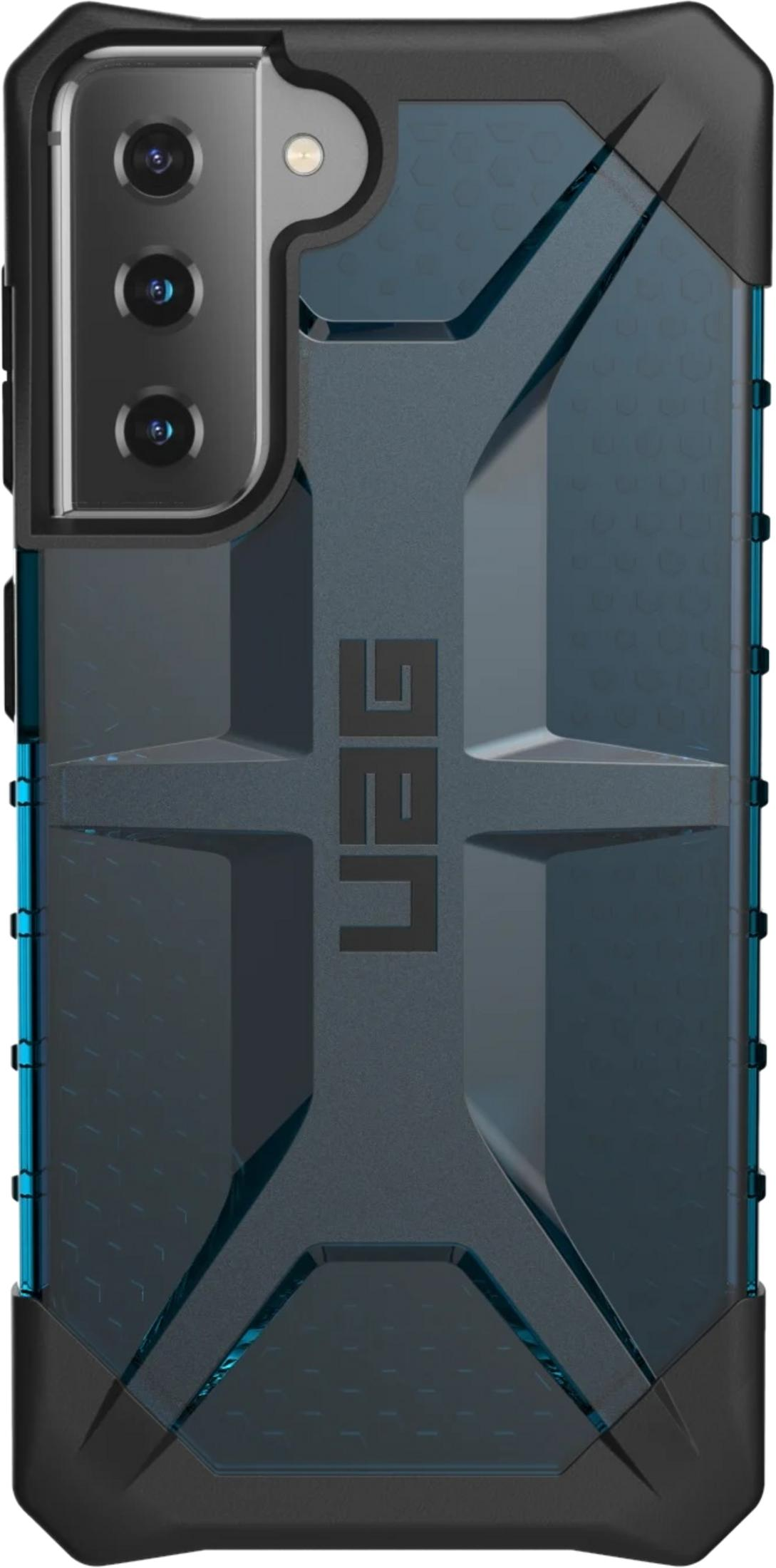 Zwarte telefoonhoes met blauwe accenten, achtercamera en robuust ontwerp.