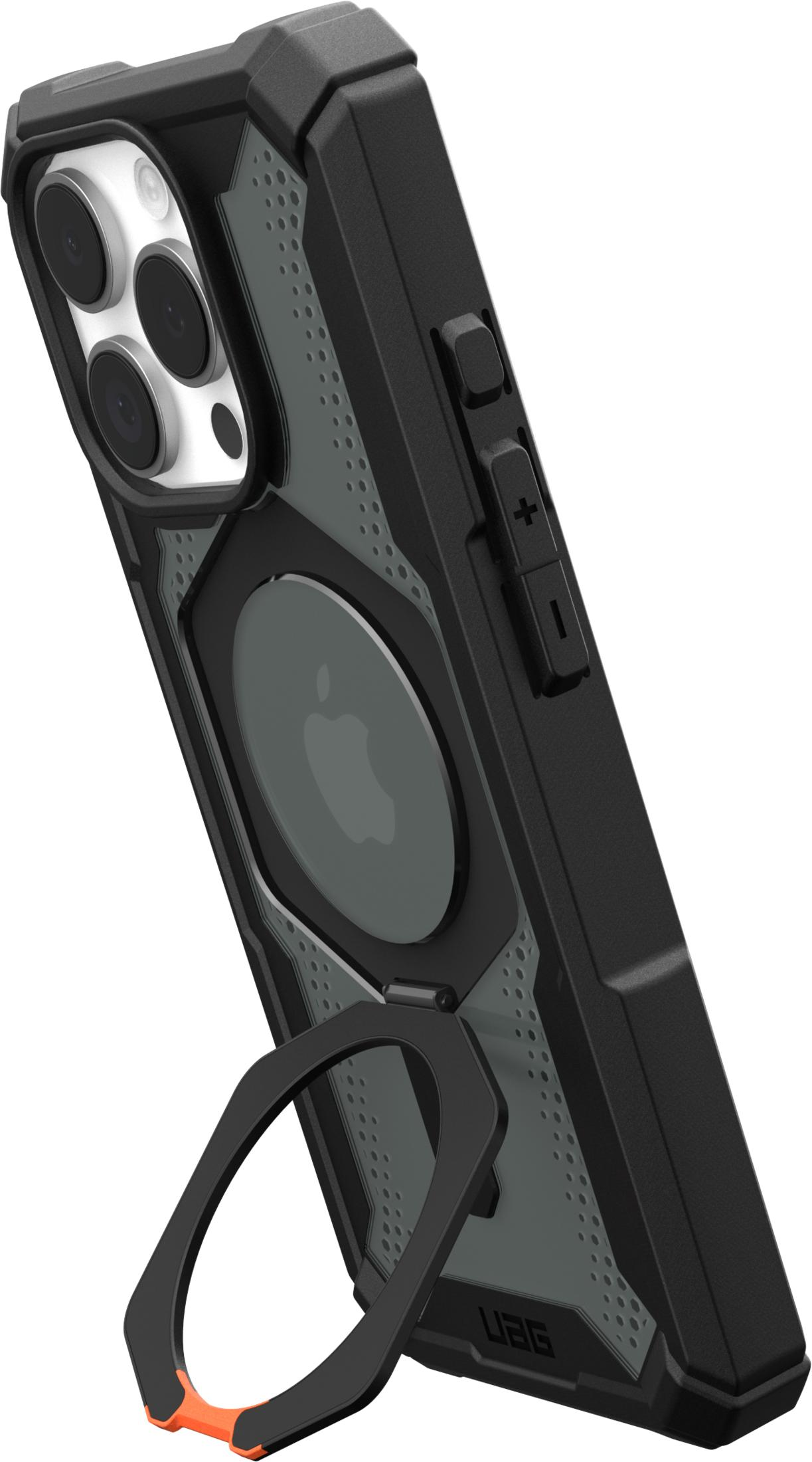 Coque de téléphone noire avec anneau et logo Apple intégrés.